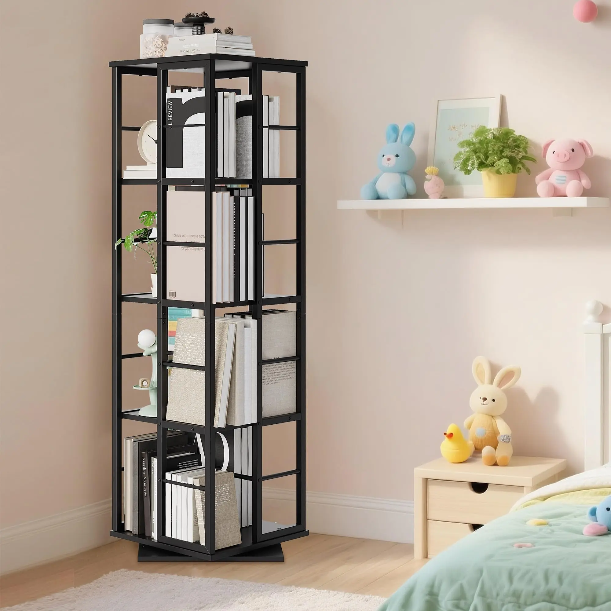 Garvee 4-Tier 360° Rotating Bookshelf Tower, Modern Space-Saving Spinning Corner Bookcase with Stable Base, Ideal for Living Room, Study, Bedroom, Office, Black - Multi-Level Wooden Storage and Display Organizer