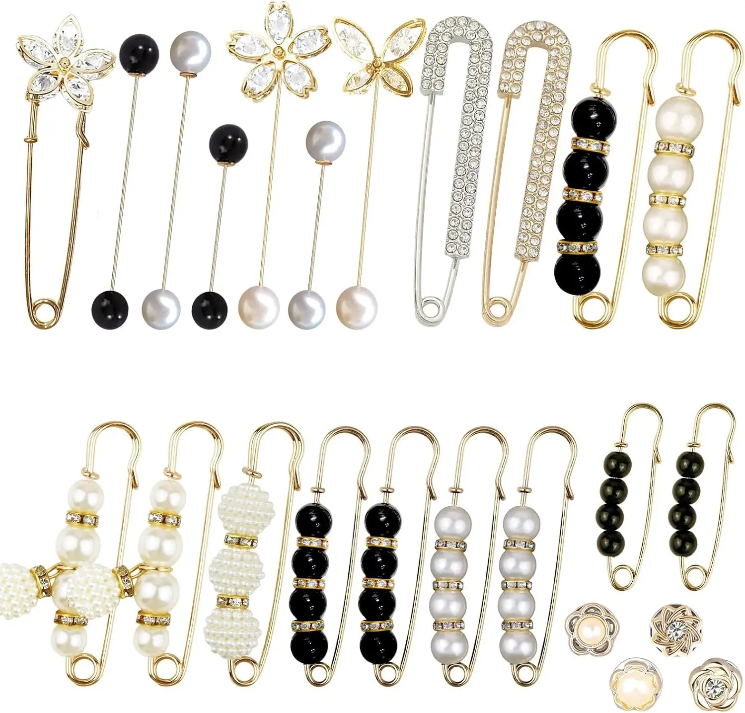 16/24 Pieces Pearl Crystal Brooch Safety Pins Button Pins Pant Waist Tightener Pins for Clothes Sweater Shawl Collar Dress Cardigan Shirt Jeans Decoration Accessories for Women Girls(Classic)