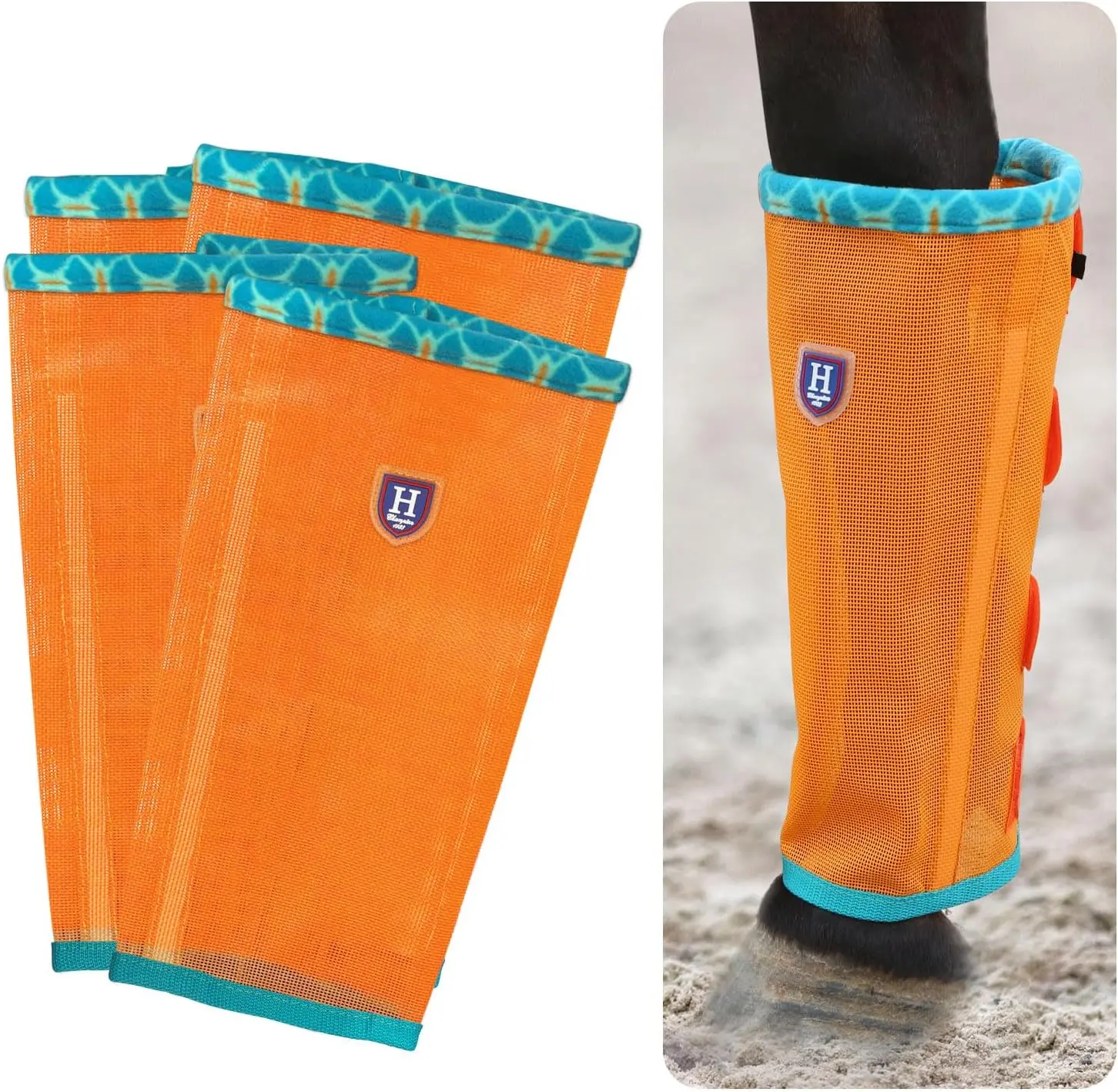 Harrison Howard Equestrian Fleece-Trim Mesh Fly Boots - Stylish Pattern, Ultimate Comfort, Ventilated, Affordable Price, Pack of 4, Pasture Setting Equestrian Supplies, Pack Of Four