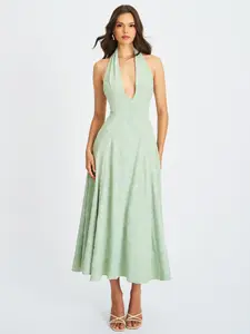 Magda Mint Green Deep V Neck Halter A-line Midi Dress