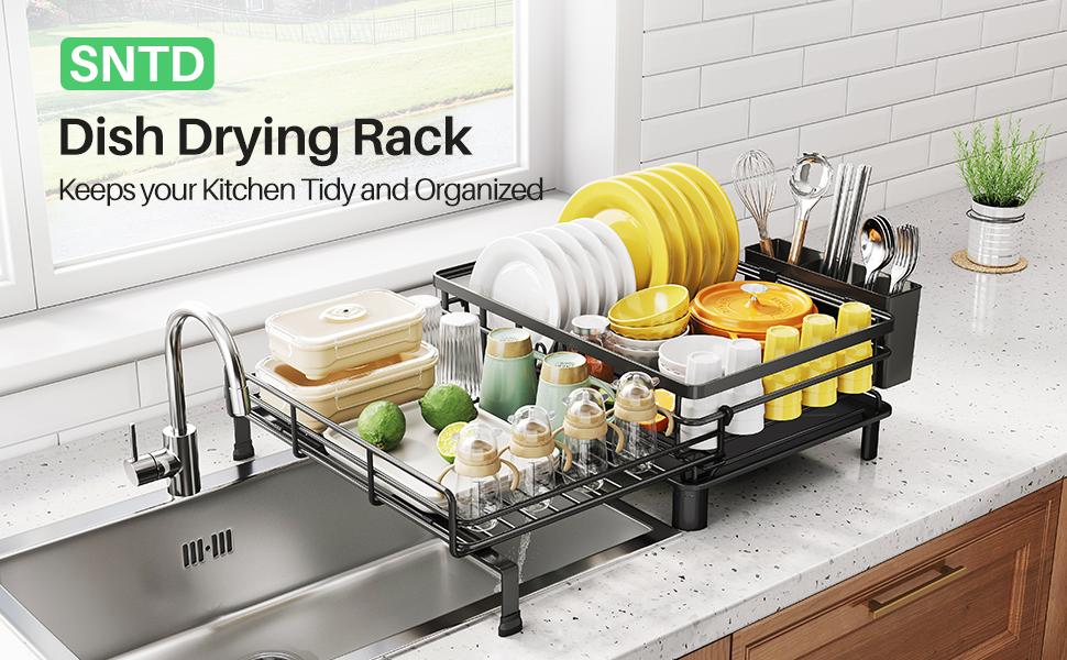 Small Dish Drying Rack - Extendable Dish Rack, Large Sink Drying Dish Drainer for Kitchen Counter, Stainless Steel Dish Strainer with Utensil Holder Small Dish Drying Rack - Extendable Dish Rack, Large Sink Drying Dish Drainer for Kitchen Counter, Stainless Steel Dish Strainer with Utensil Holder