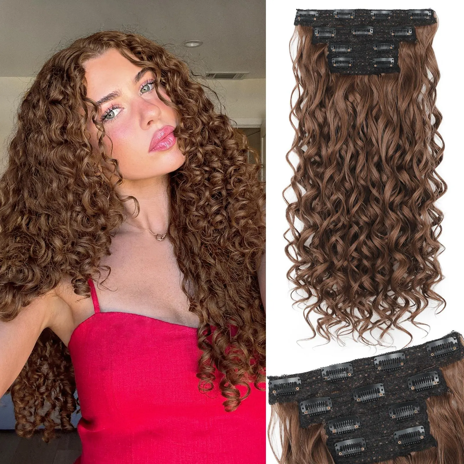 Vigorous Curly Clip In Hair Extensions,4PCS 20 inch Thick Curly Hair Extensions Lace Weft Curly Clip Ins Invisible Natural Synthetic Hairpieces for Women