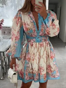 Women's Floral Print Belted Dress, Elegant Long Sleeve Dress for Spring & Fall, Women's Clothing for Daily Wear