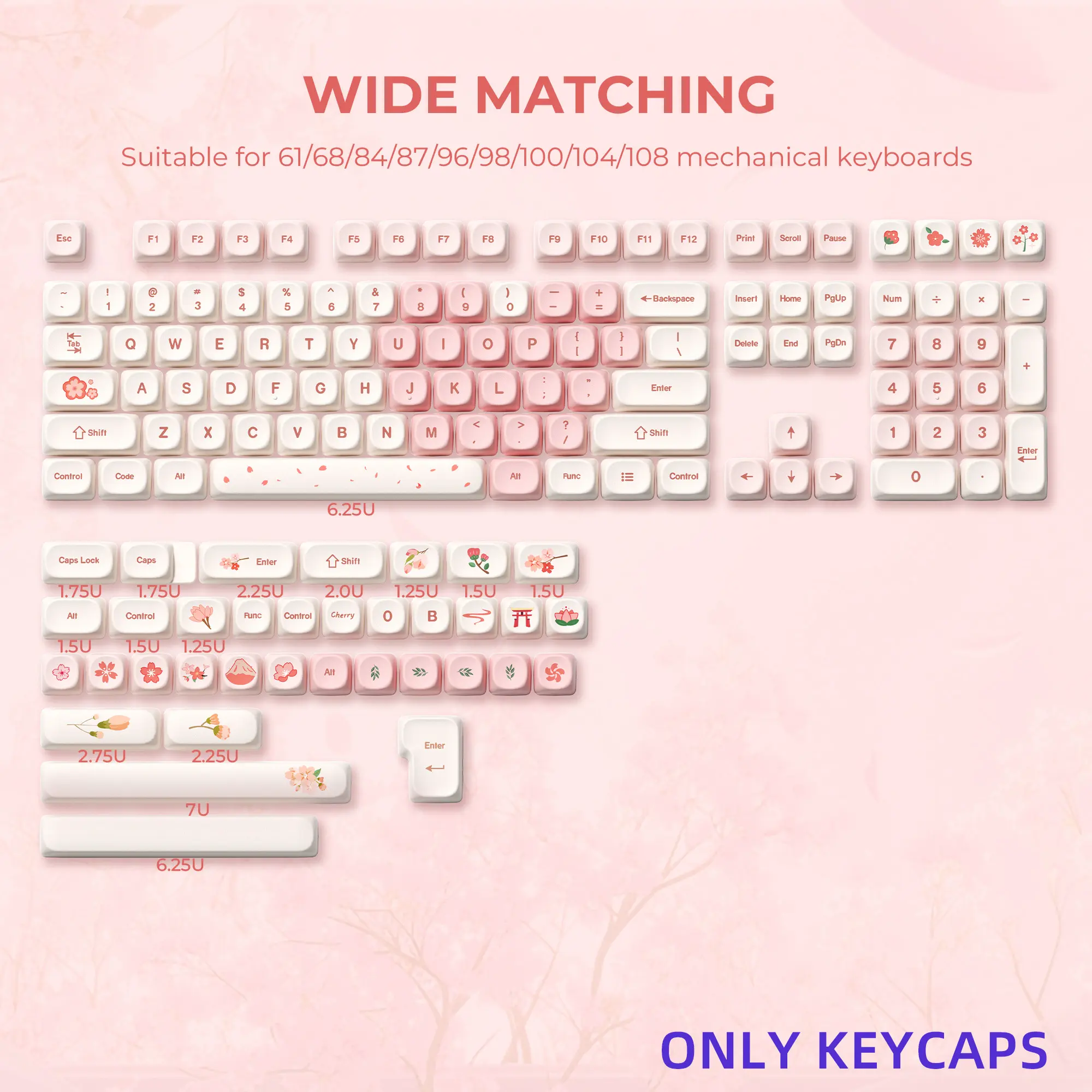XVX Sakura Romance 143-Key MOA Profile Dye-Sub PBT Keycap Set for MX Switches （Keycaps only, keyboard not included.）