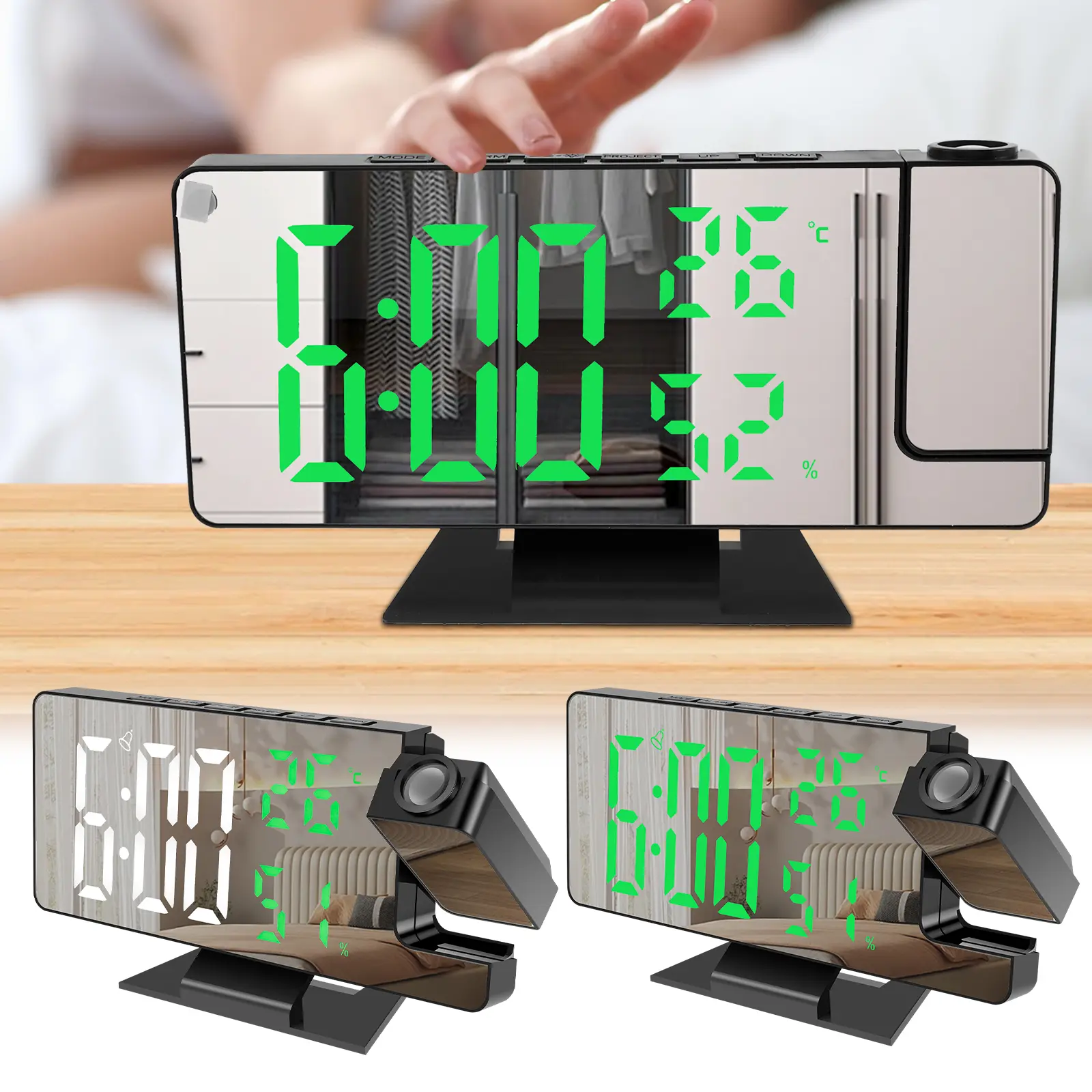 Minimalist Digital Clock with LED Large-Screen Display, 180° Rotatable Projector, 4-Level Dimmable Compact Mirror, Snooze Function, 18.5×10.2×5.5cm ABS Bedroom Home Decor