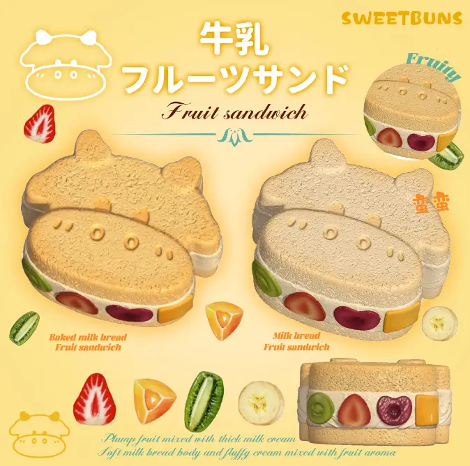 Slow Rising Squishies - Moo Moo Fruit & Daisy Sandwich, 95g Mellow Lab x Sweetbuns Stress Relief Toy with Fruit Mix Aroma
