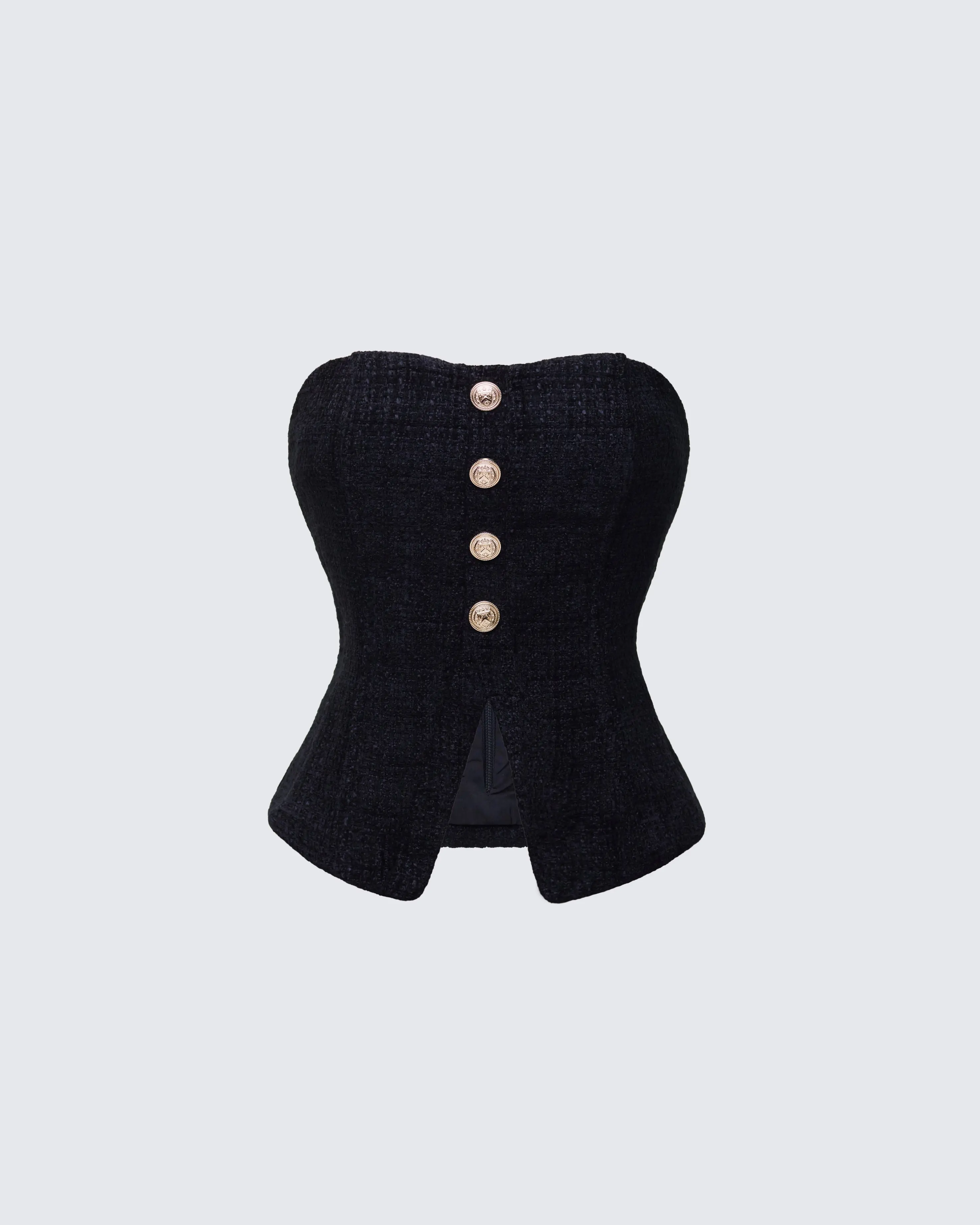 Textured Tweed Bustier Top for Women, Strapless Cinch Fit Corset with Gold Button Detail and Front Split, Fitted