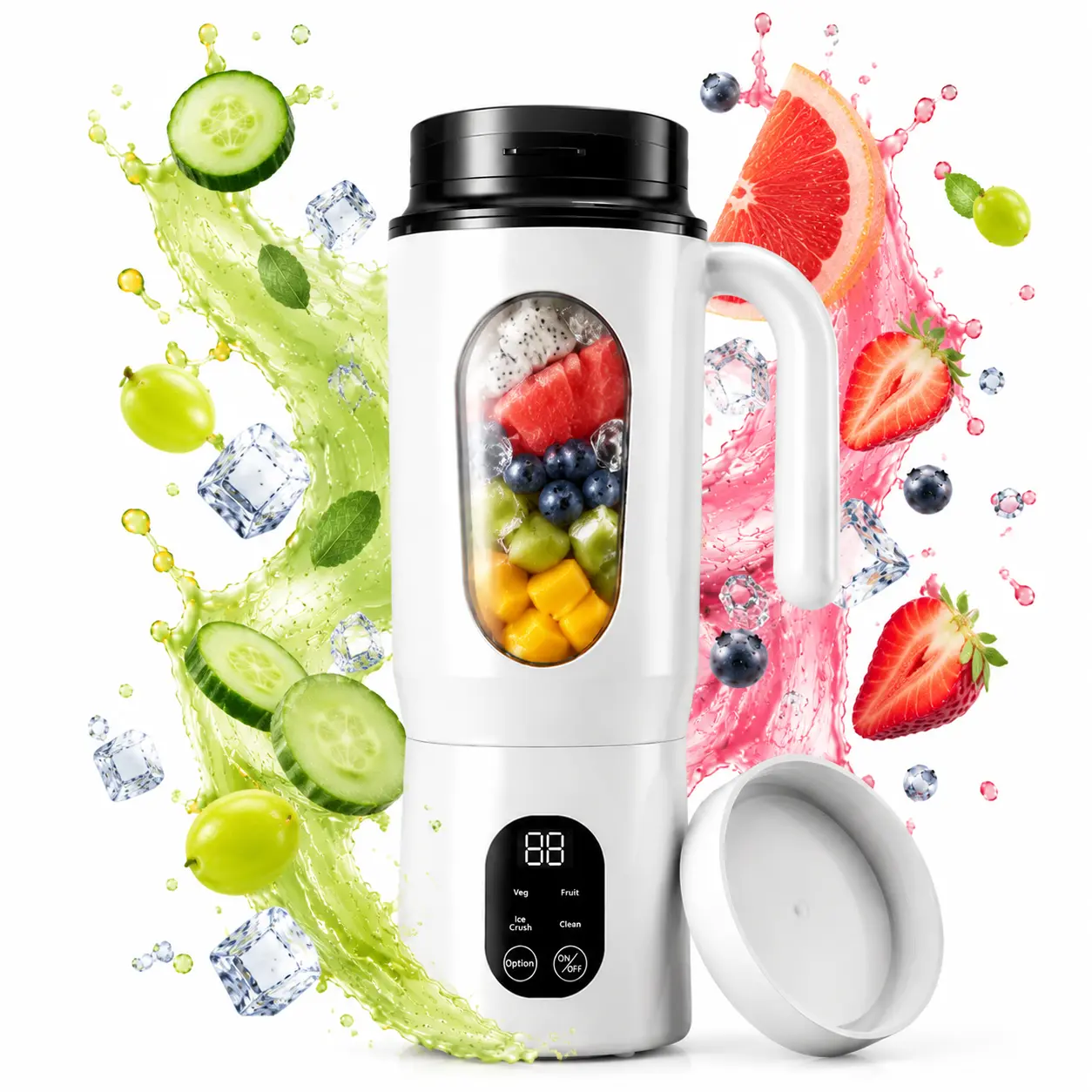 Portable Blender 12-Blades Portable Juicer for Smoothies, 580ml Rechargeable Personal Blenders with Handle & Extra Lid, USB-C Mini Blender Cup for Travel, Office, Gym, BPA-Free (White)
