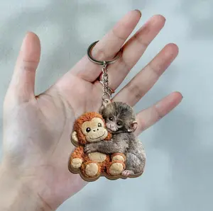 Viral Baby Punch Monkey Wood Acrylic Keychain, Monkey Plush Toy Gift, Emotional Gift for Animal Lovers