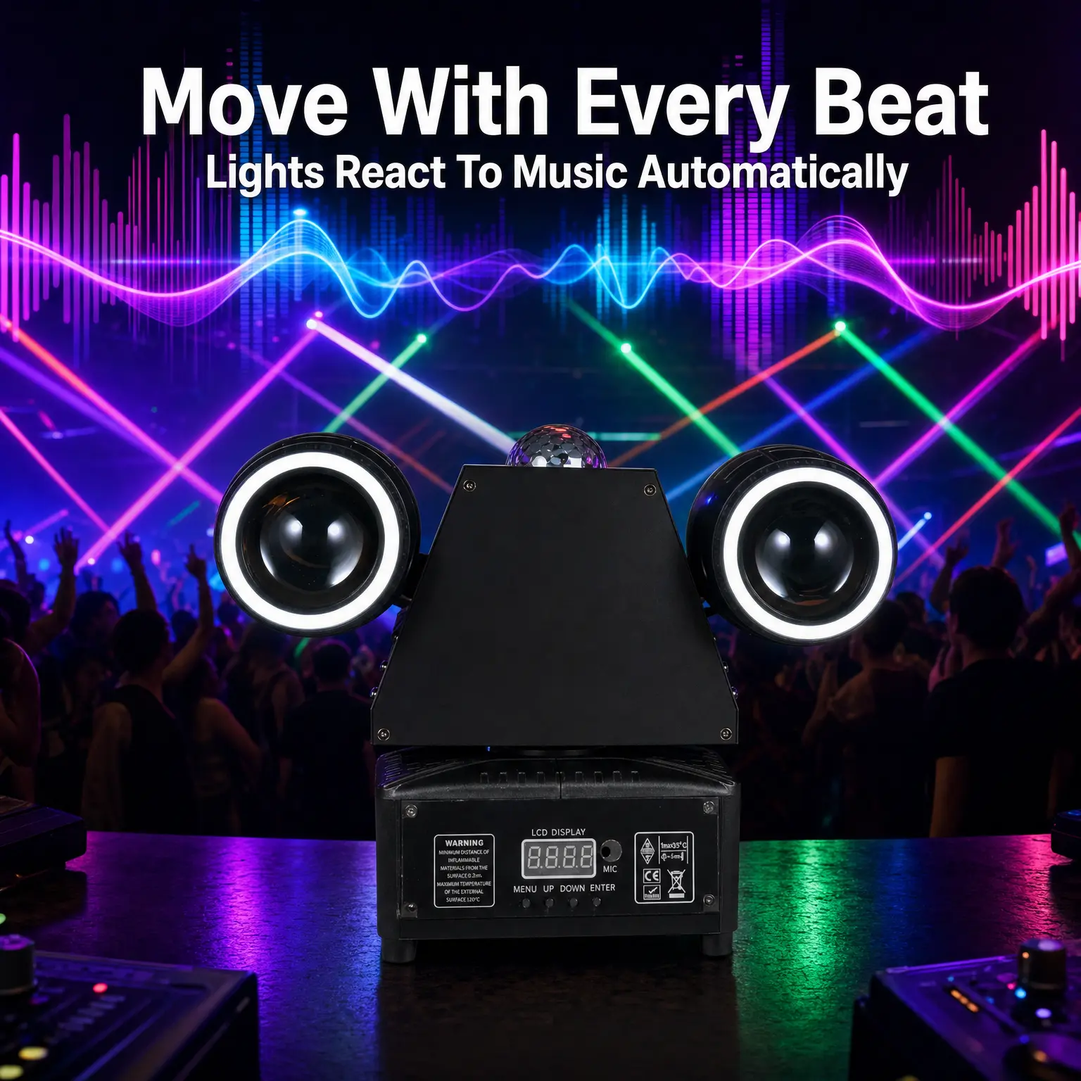 Nunchaku 100W 4-in-1 Dual-Head DJ Party Light with dual moving heads, RGBW magic ball, red & green lasers, and strobe. Features sound activation and remote control. Perfect for home parties, weddings, bars, clubs, DJs, school events, Halloween, Christmas.