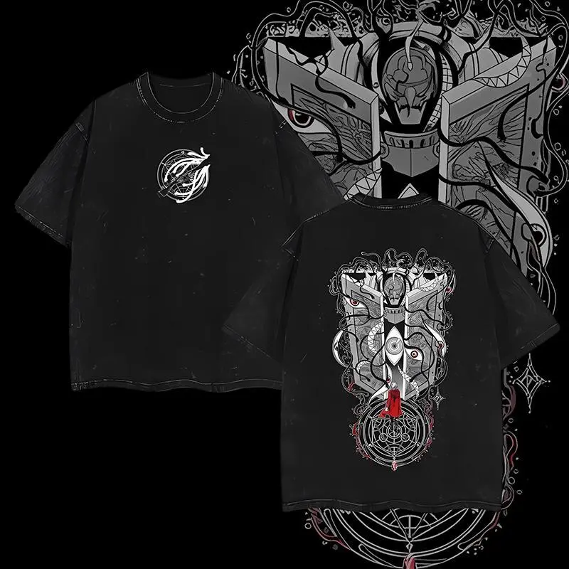 Menswear Edward Elric Gate of Truth Graphic T-Shirt - Fullmetal Alchemist Casual Oversized Washed Heavyweight Cotton Short-Sleeve Round Neck Tee, Top, Shortsleeve, Distressed