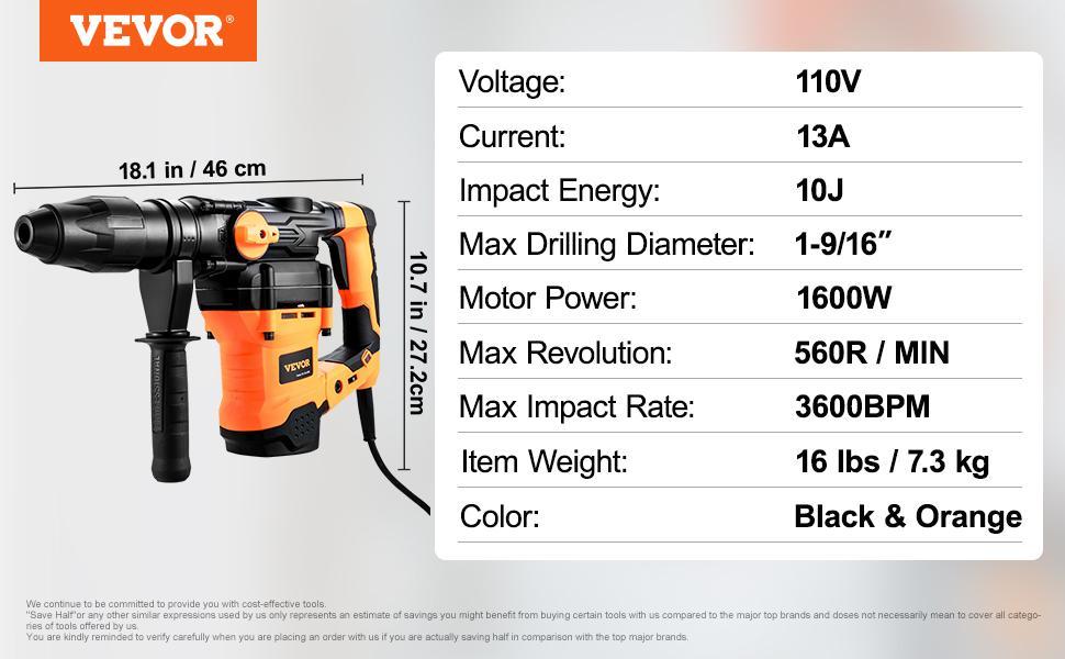 VEVOR Rotary Hammer Drill Corded Drills 1-9/16" 3 Modes SDS-MAX Chipping Hammers VEVOR Rotary Hammer Drill Corded Drills 1-9/16" 3 Modes SDS-MAX Chipping Hammers