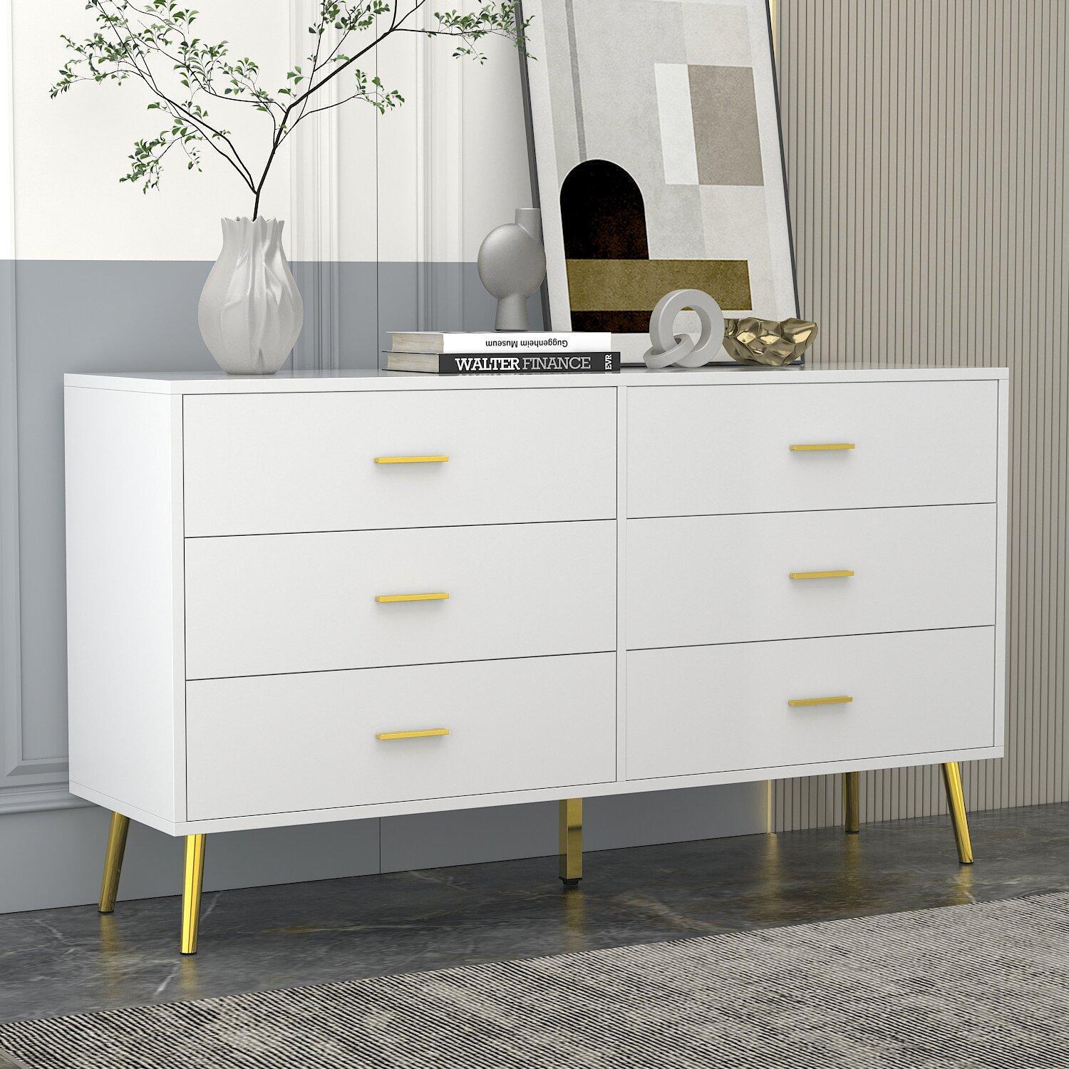 Chest of 6 Drawer Cabinet with Gold Metal Legs, Modern & Contemporary Dresser for Bedroom (54”W x 15.6”D x 30.1”H) Furniture Storage Chest of 6 Drawer Cabinet with Gold Metal Legs, Modern & Contemporary Dresser for Bedroom (54”W x 15.6”D x 30.1”H) Furniture Storage