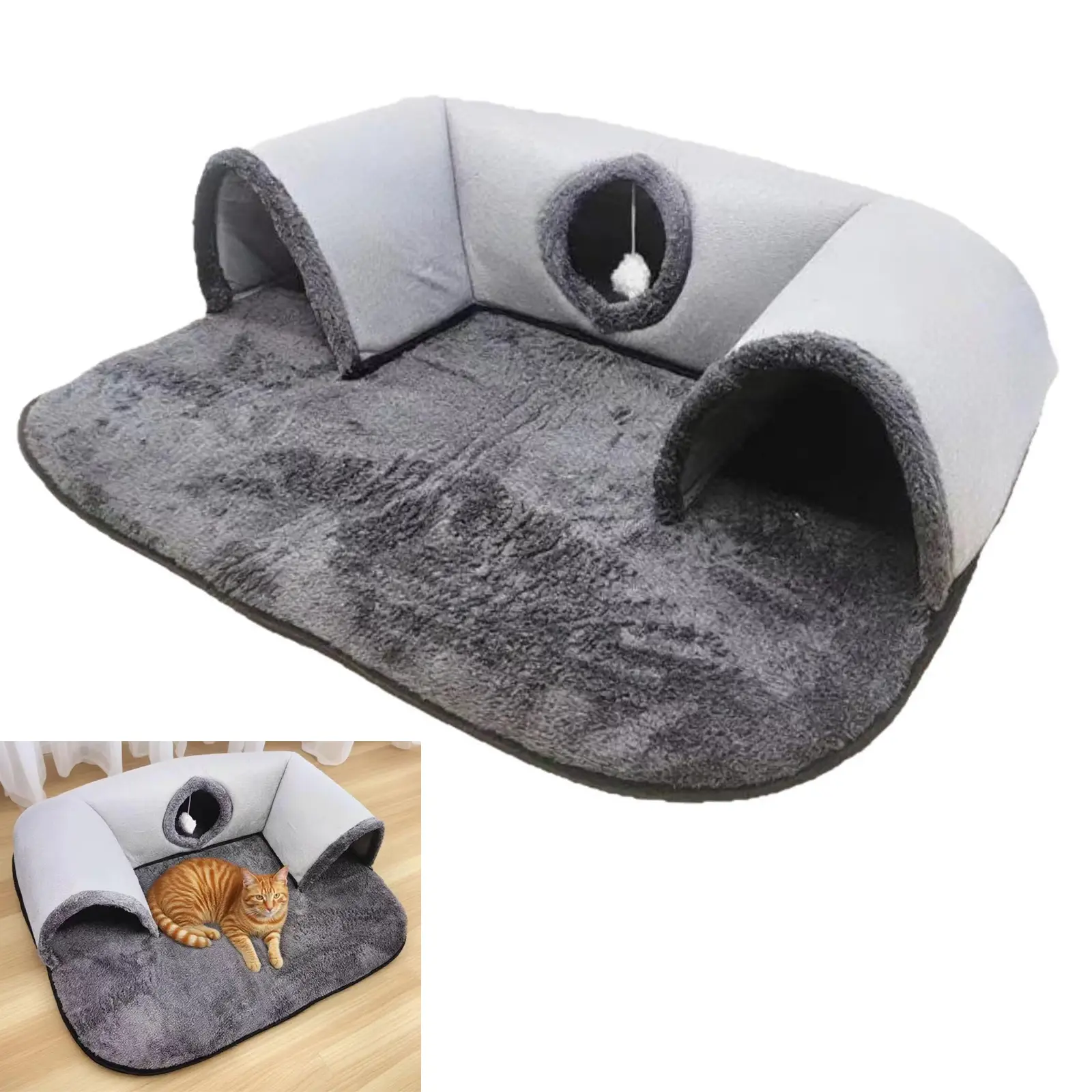 2 in 1 Cat Tunnel Bed Foldable Indoor Cat Play Tunnel with Hanging Ball Toy, Soft Warm Pet Sleeping Mat Cushion Indoor Activity Tunnel for Kitten Small Animals
