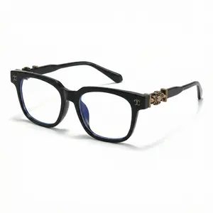 Retro Square Blue Light Glasses for  Men & Women, ChicThick Frame with Vintage Metal Hinge, Fashion Computer Eyewear for Small Faces