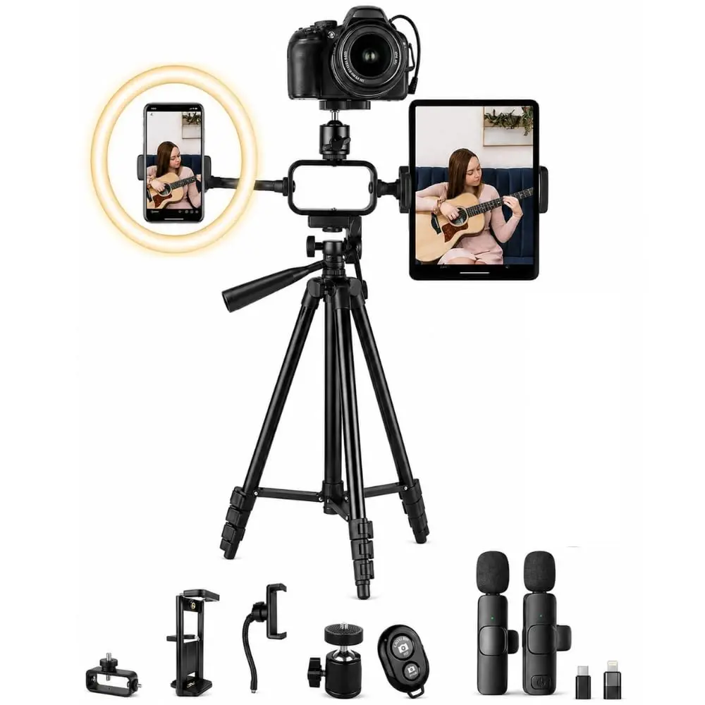 9-Piece Premium Vlogging Kit - Portable Adjustable Selfie Tripod Stand with Mount, Wireless Bluetooth Microphone, LED Light - Smartphone, iPhone, Android, Camera, Tablet Accessories - Podcast Streaming Equipment for Influencers