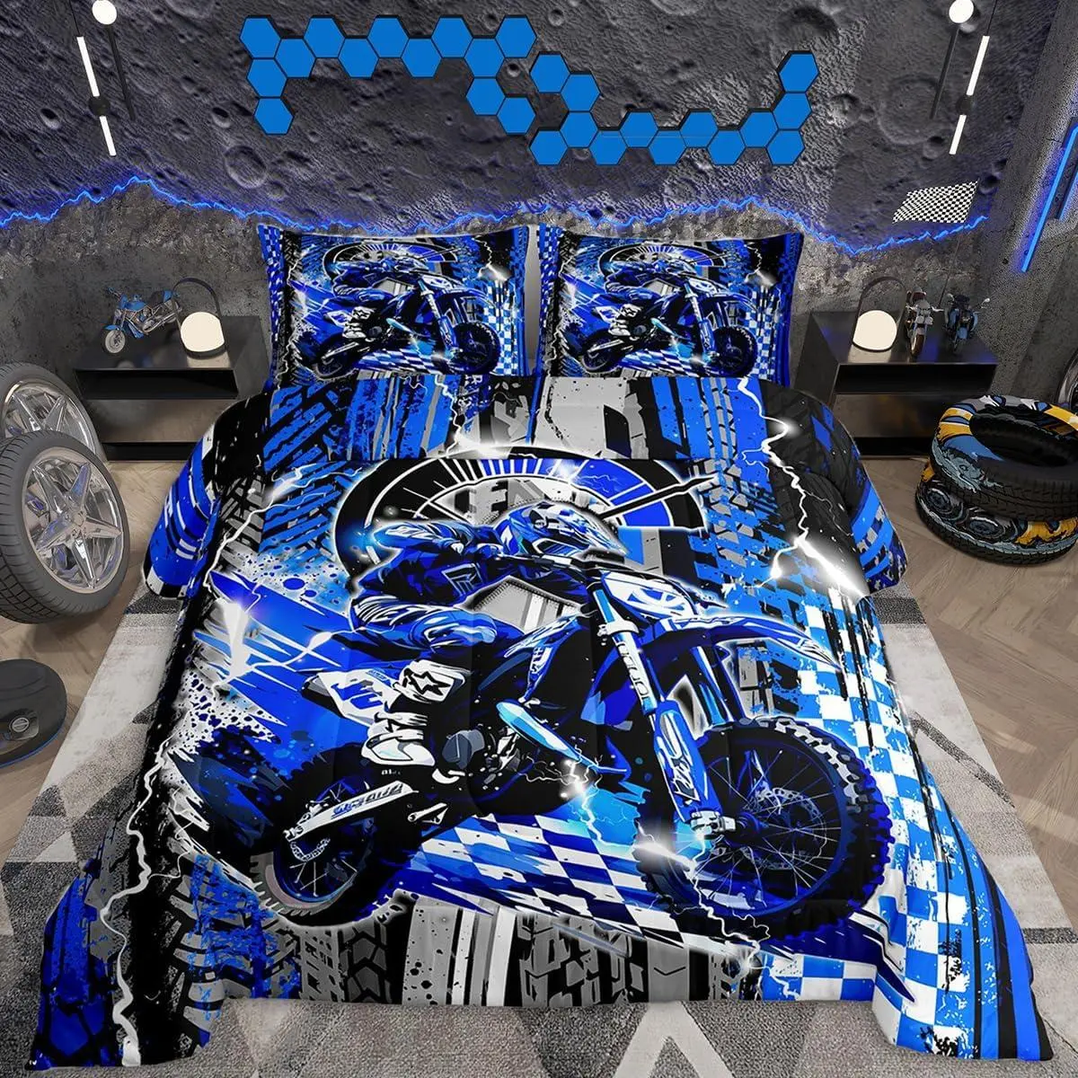 Dirt Bike Bedding Set,Extreme Sports Comforter Set,Racing Motocross Ultra Soft Duvet Quilt,Motorcycle Comforter Motorbike Bedroom Decor Blue