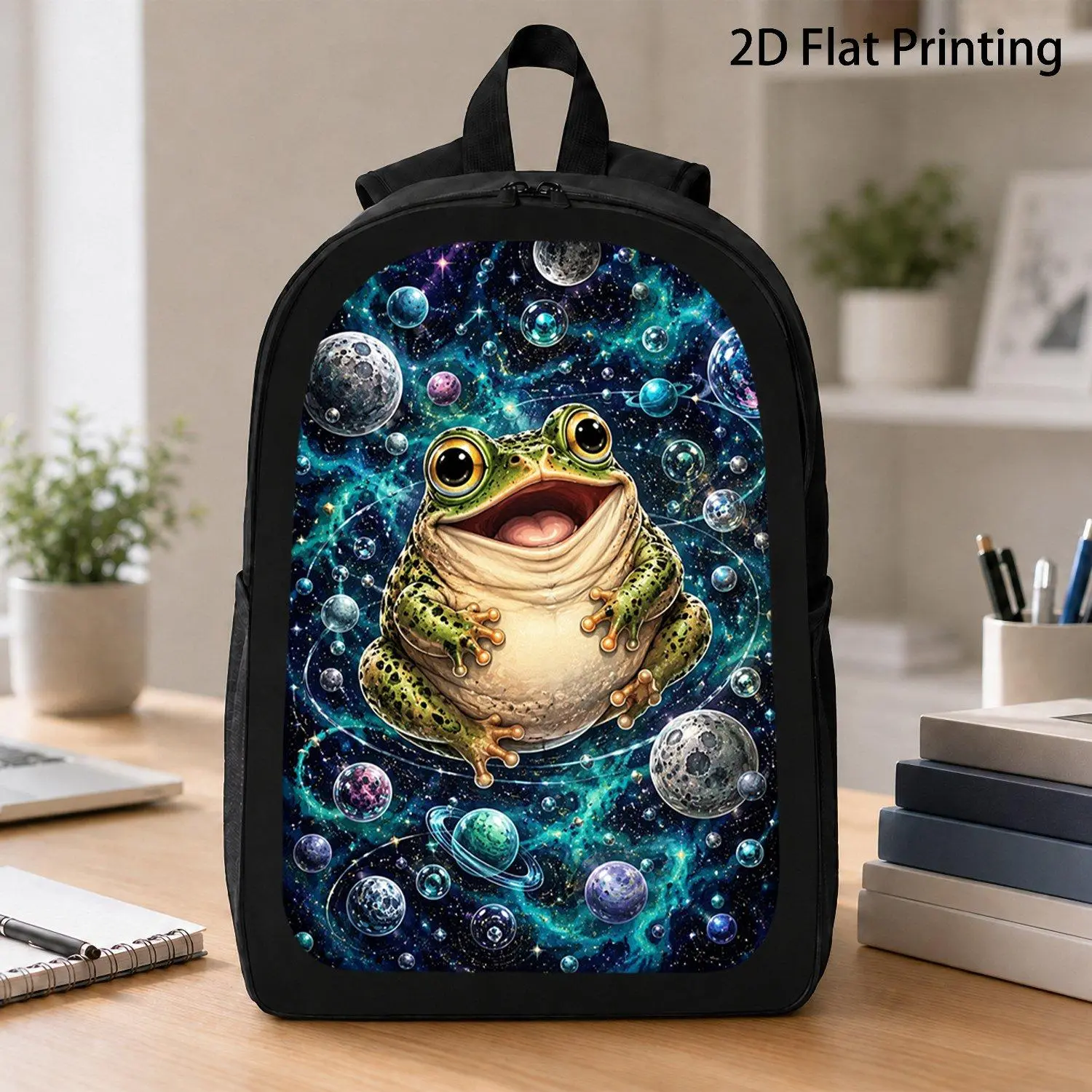 17 Inch Daily Lightweight Backpack featuring Cheerful Green Spotted Frog Crystal Planet Moon Star Deep Space Nebula Galaxy Art Design Durable Stylish Backpack Bag