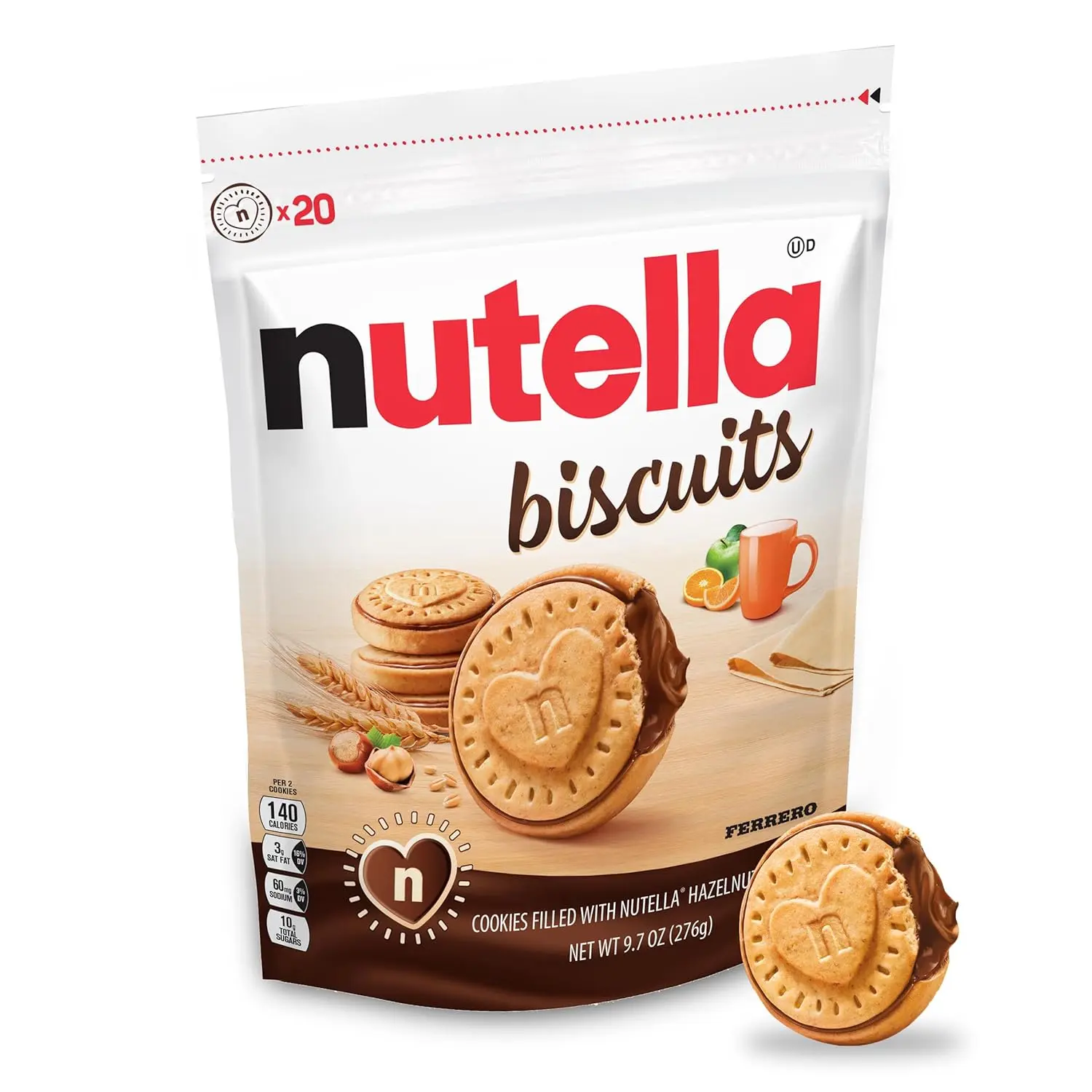 Nutella Crunchy Hazelnut Spread-Filled Biscuit Cookies, Worldwide Resealable 9.7 oz Bag, Room Temp Ambient Sweet Snack for Children, Cupboard Storage Suitable, Contains Nuts Note