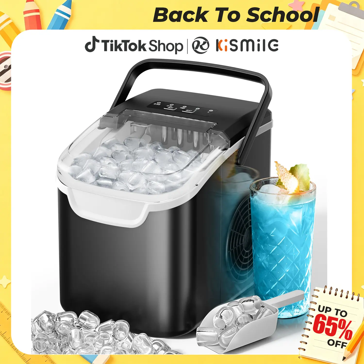 Back To School - Kismile Countertop Ice Maker Machine, 8 Ice Cubes in 6 mins, 26lb/Day Ice with 2 Sizes- Portable Mini, Energy Saving & Basket/Scoop for Home/Party/Travel/Camping/Bar