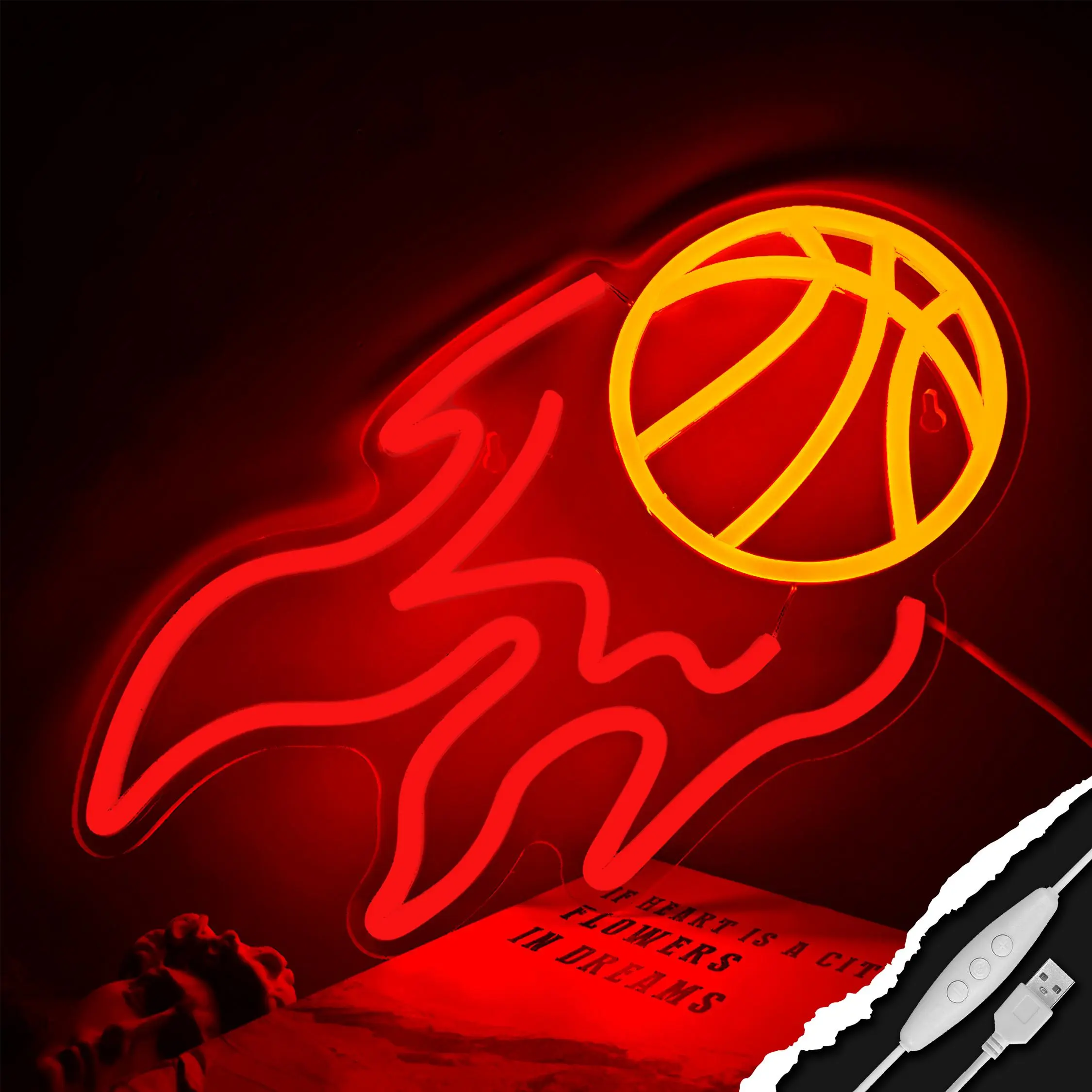 Basketball Neon Sign Basketball Fire LED Sign Wall Decor USB Powered Bedroom Game Room Decor Gift