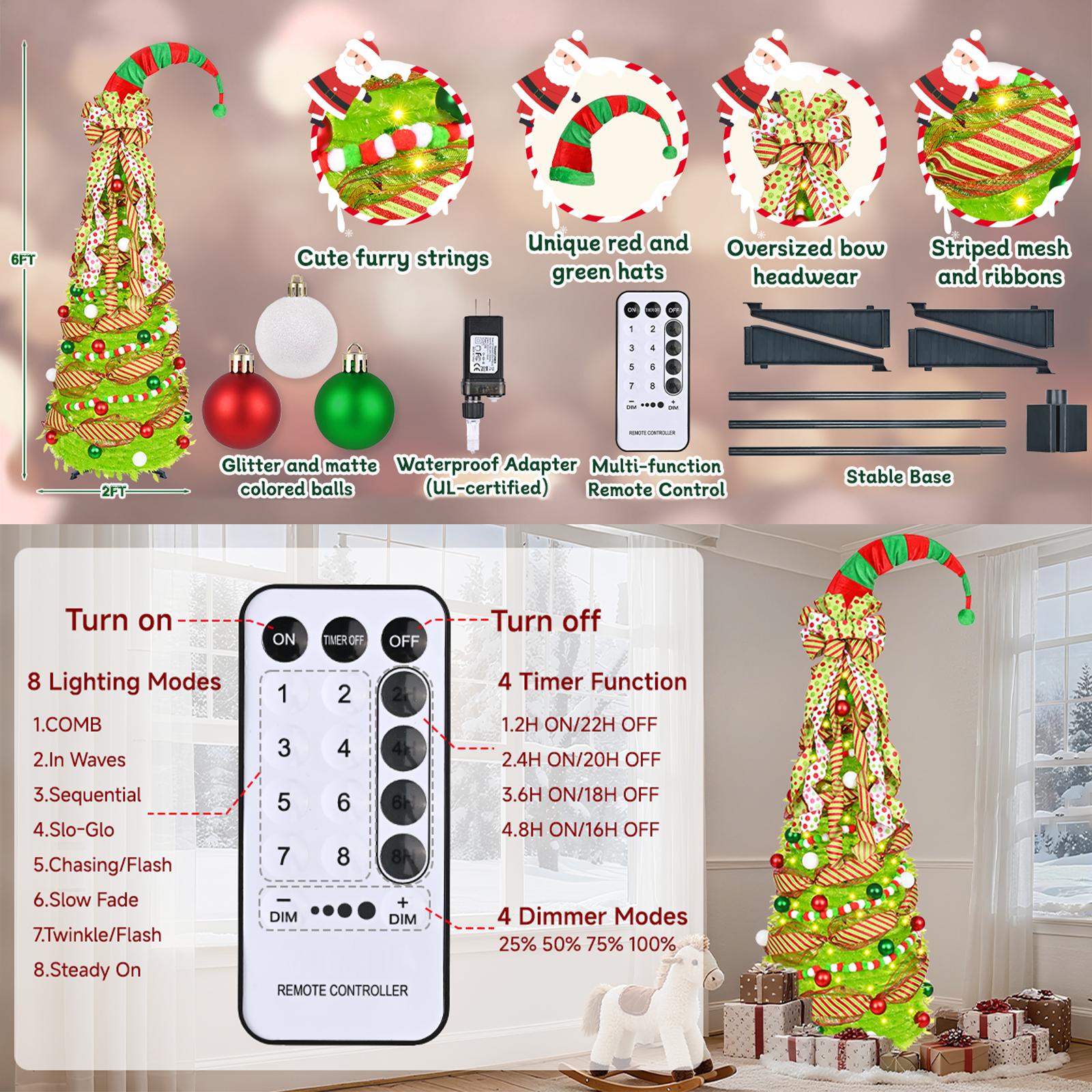 6FT Pop Up Christmas Tree with Lights Remote Control & Ornaments Collapsible Lime Green Xmas Tree with Santa Hat & Bow Tree Topper Whimsical Design for Indoor Outdoor Use Party Decoration Supplies