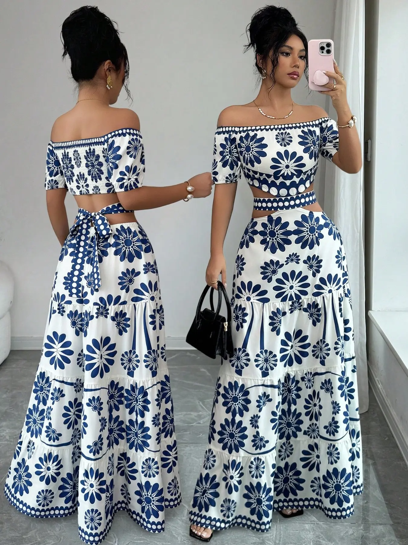 Women's Floral Off-Shoulder Short Sleeve Hollow Out Waist Fashion Chic Dress, Tropical Vacation Women's Dress, Long Dress for Summer