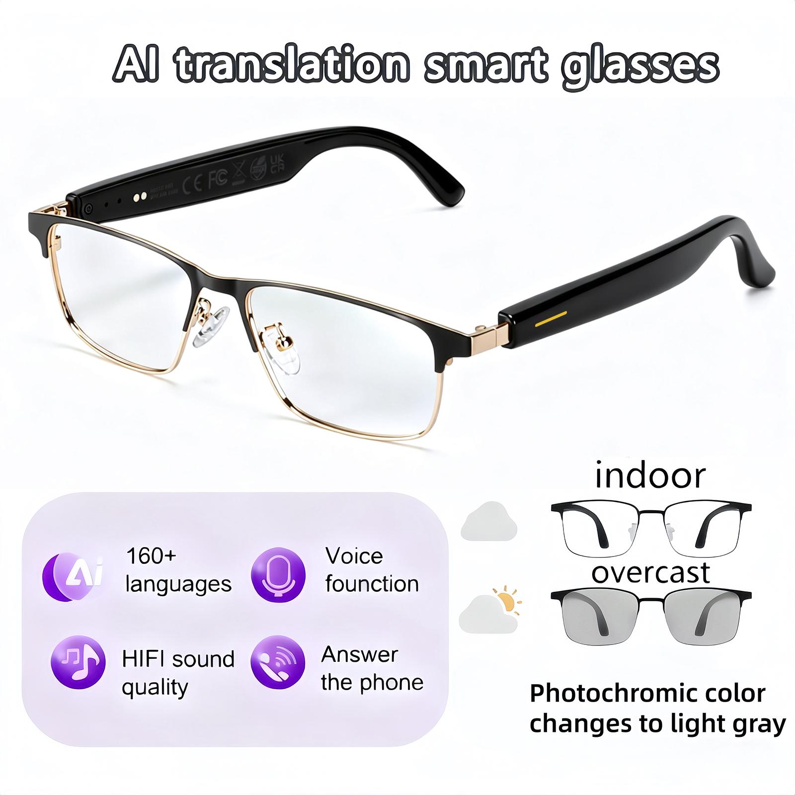 High-End AI Semi-Rimless Smart Glasses  164-Language Real-Time Translation | Open-Ear HD Audio, Bluetooth Calls & Music | Stylish Photochromic Lenses | Hands-Free, Lightweight & Comfortable for Daily Wear, Travel & Commuting | Easter gift