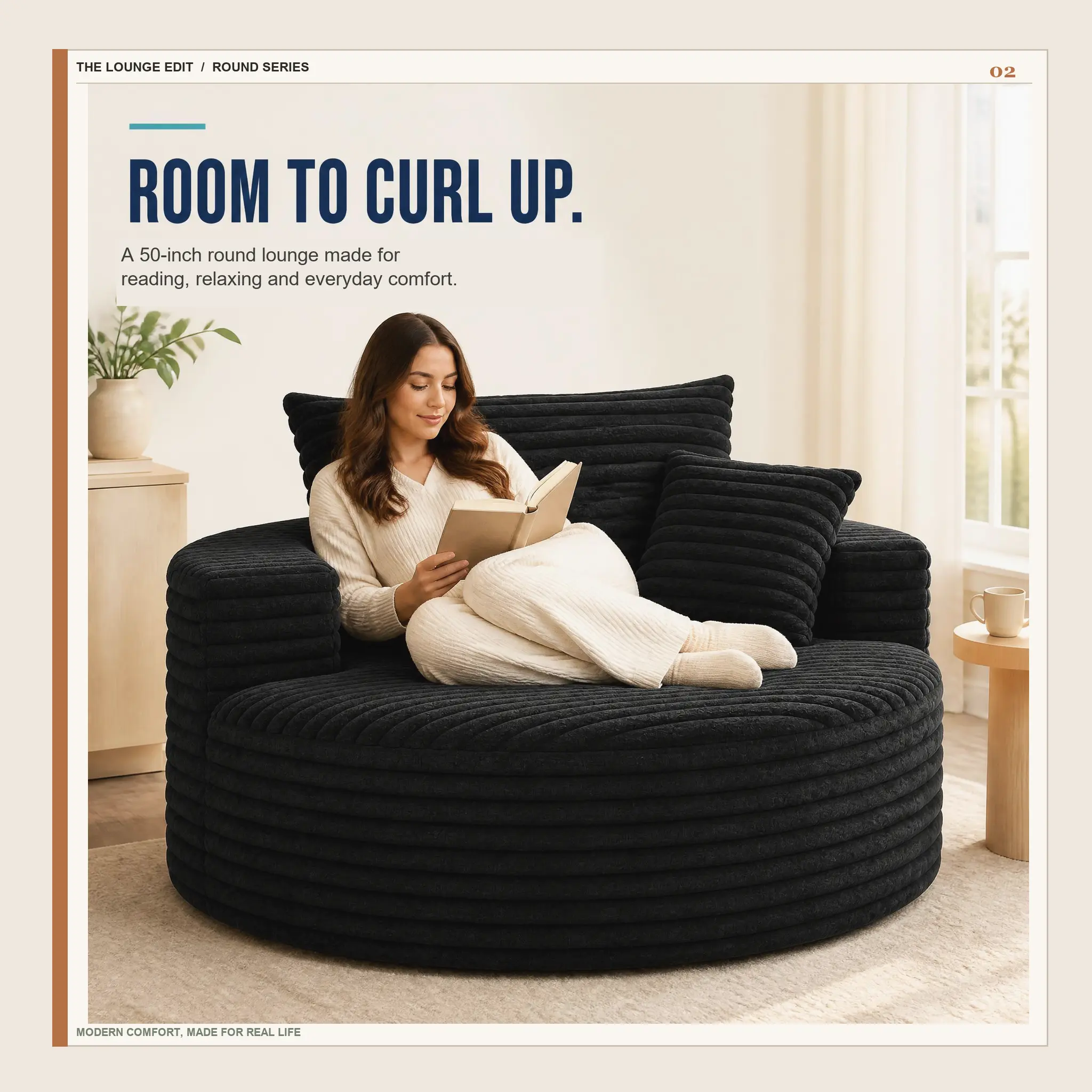 50in Round Lounge Chair Sofa, No-Assembly Compressed Cloud Floor Couch with Deep Seat, Soft corduroy, Backrest & Throw Pillows for Adults, Bedroom and Apartment