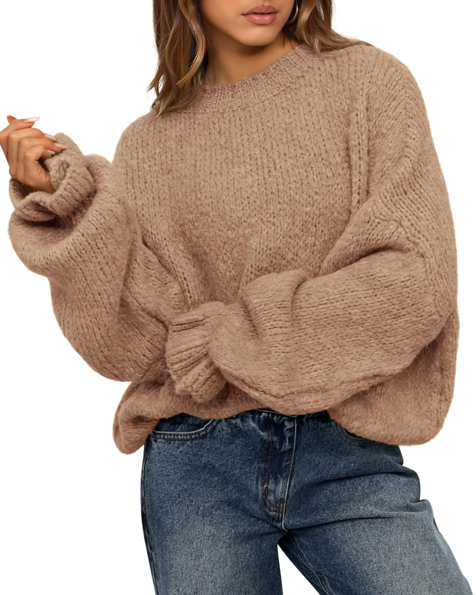 BTFBM Women's Oversized Sweater Crewneck Long Sleeve Fuzzy Knit Chunky Pullover Sweaters 2026 Fall Winter Trendy Outfits