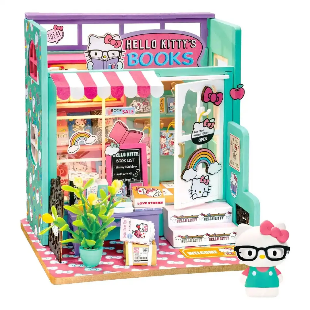 Hello Kitty Handmade Miniature Bookstore Dollhouse Playset - Hands Craft Kids' Creative Kit with Detailed Instructions, Family Bonding Activities, Accessories (Ages 14+, 4.96" L x 4.09" W x 5.2" H) for Holidays, Rainy Days