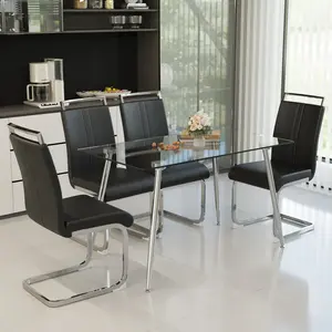 51 Inch Glass Dining Table Set for 4, Modern Rectangle Tempered Glass Table Top with Silver Plating Legs and PU Armless Dining Chairs, Kitchen and Dining Room Furniture**