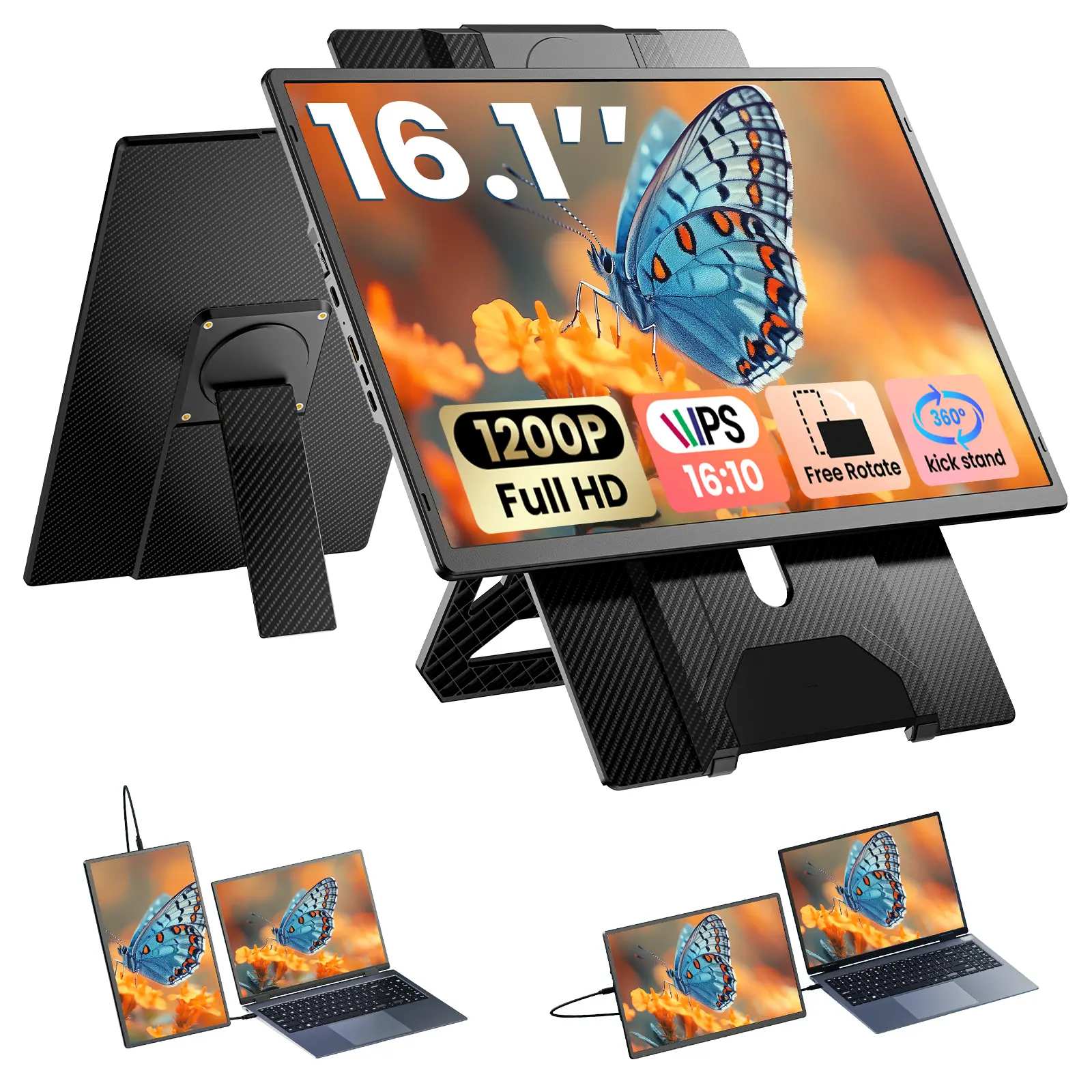 Cevaton 16.1" Portable Monitor for Laptop, Laptop Screen Extender, 1200P Second Screen with 360° Rotation Stand, Adjustable External Display for Work, Study, Gaming, USB-C/HDMI Connection, Monitor Only