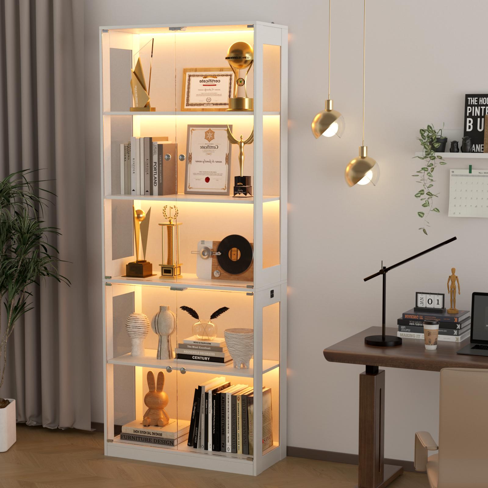 VOWNER 80'' Display Cabinet with Glass Door 4-5-Tier Curio Cabinet for Collectibles Trophy Glass Display Case with Human Body Sensor 3 Color Lights Bookcase Storage Cabinets for Living Room Study