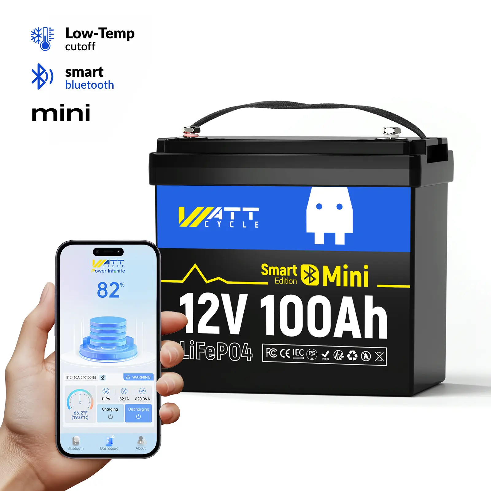 WattCycle 12V 100Ah LiFePO4 Lithium Battery - Mini Group 31 Deep Cycle, Built-in 100A BMS & Bluetooth App Control, 15,000+ Cycles, Portable Power for Trolling Motors, RV, Marine & Home Backup