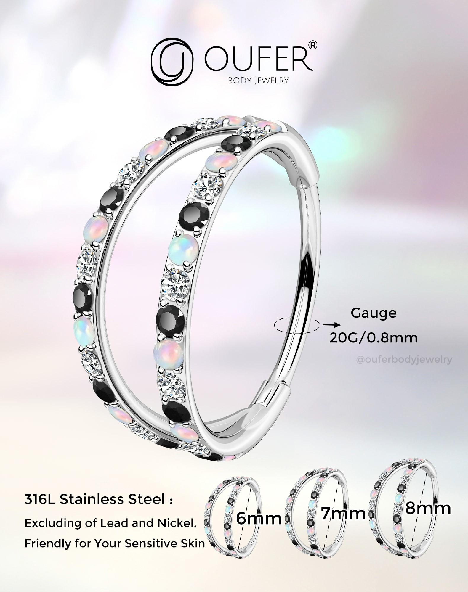 Oufer 20G Semiprecious Opal Mixed AAA+ CZ Nostril Nose Ear Segment Hinged Piercing Hoop Ring 316L Stainless Steel Body Jewelry Non Tarnish