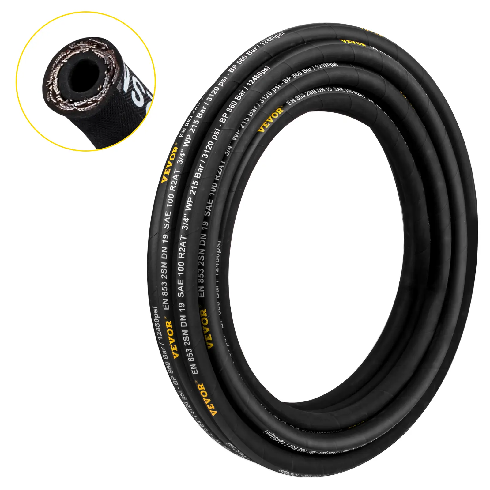 【Summerfinds】VEVOR Coiled Hydraulic Hose 1/4 - 3/4 inch x 50/100 ftRubber Hydraulic Hose with 2 High-Tensile Steel Wire BraidBulk Hydraulic Hose -20℃ to 140℃Hydraulic Oil Flexible Hose