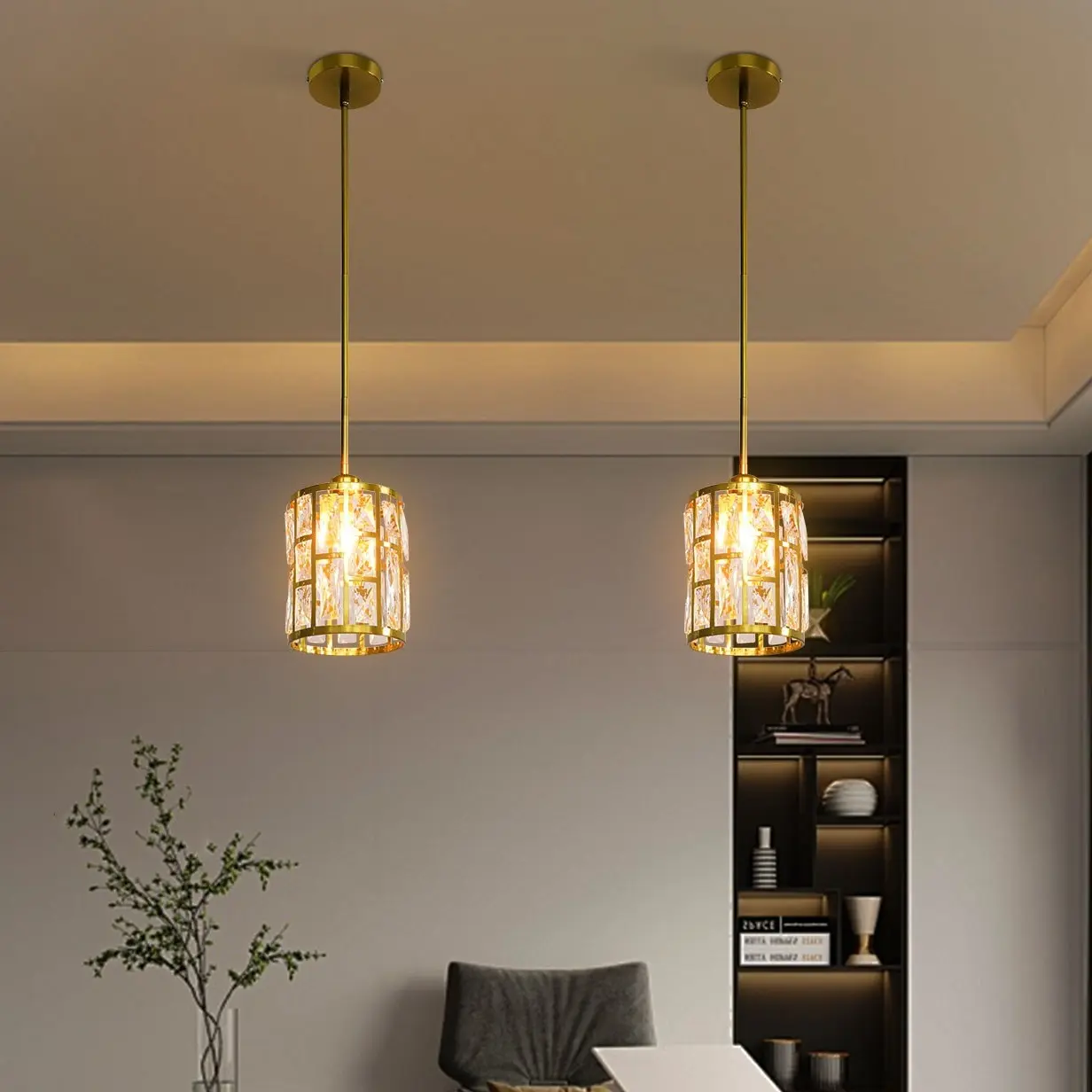 CNCEST 2-Pack 11-Inch Luxury Gold Iron Alloy Pendant Lights - 3-Level Height Set Suspension Rods, E26 Socket, Adjustable Dimmer, Classic Aesthetic, 12cm Base, 15x20cm Lampshade, Rust-Resist Finish Decorative Lighting for Home Spaces (215.28ft²)