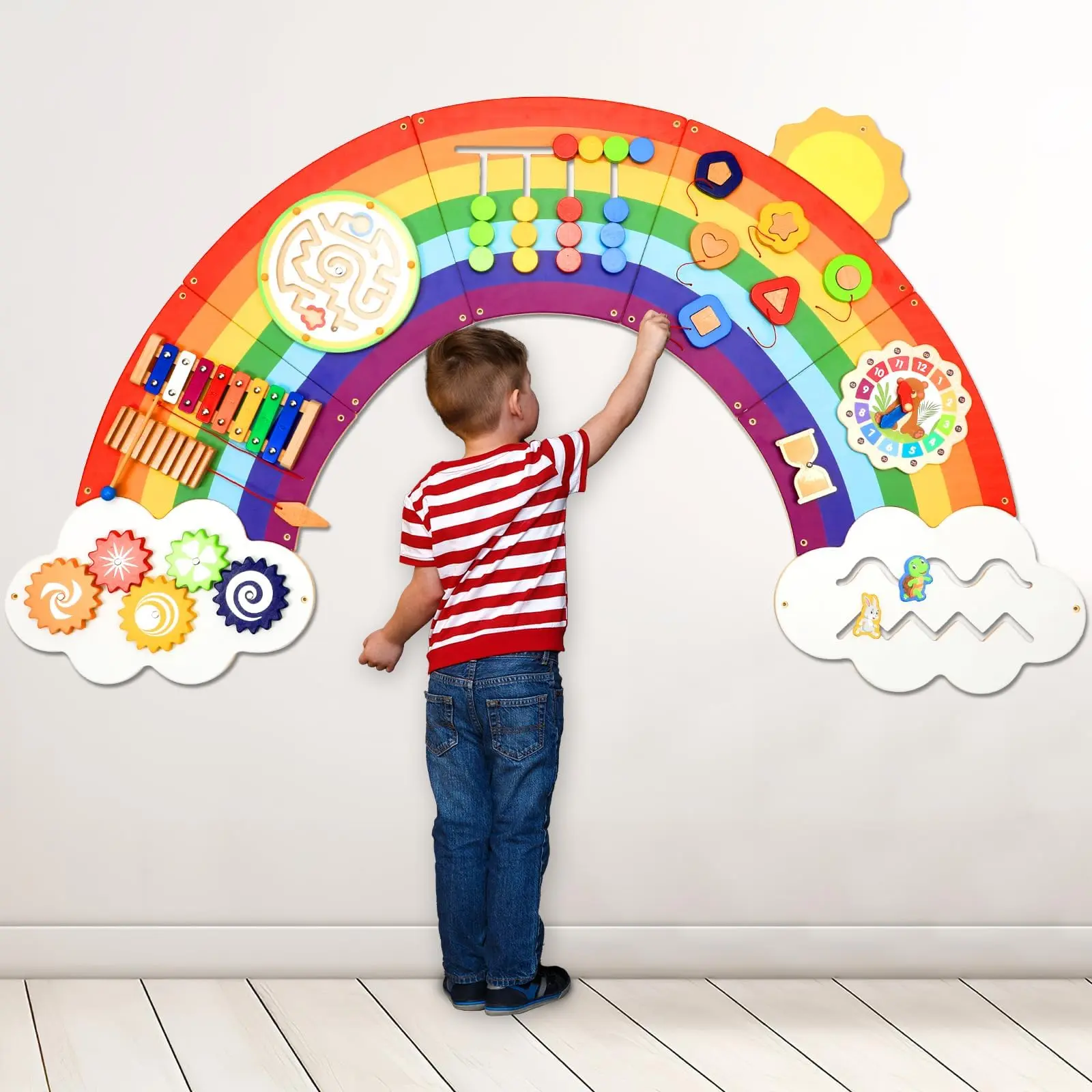 GISGFIM 5ft (150cm) Wooden Pastel Rainbow Clouds Sun Activity Wall Panel - Montessori Sensory Busy Board Learning Tool, Screws-Included Indoor 1-3 Years Preschool Supplies, Playroom/Sensory Room Decor Gift,back to school,back to school haul