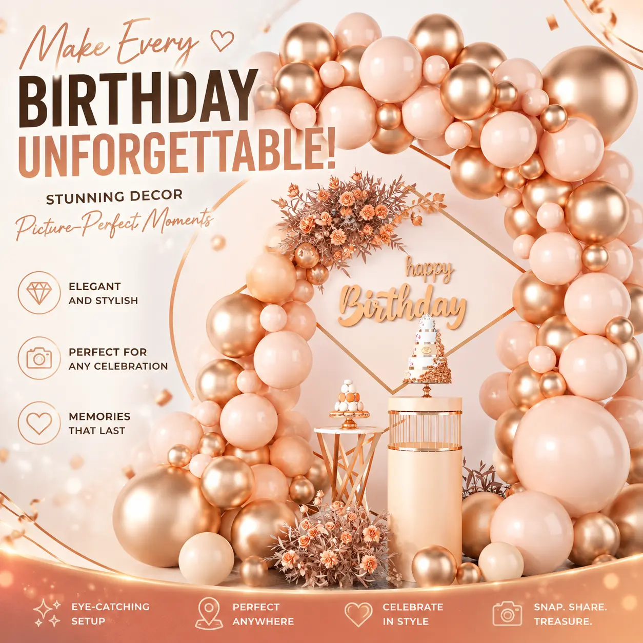 Rose Gold-Nude Balloon Arch Kit with Metallic Champagne Gold Backdrop, Metallic Shine Decor for Photos, Elegant Setup for Adult Weddings, Anniversaries