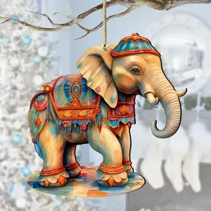 Designocracy 8100192-3 Artistic Carousel Elephant Wooden Christmas Decor Ornaments, 5x5.5x0.25in, Home Supplies, Festive Gift for Indoor & Outdoor Decoration