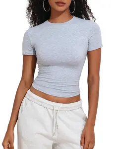 Hilor Women's Casual Basic T-Shirts Going Out Crop Tops Cotton Short Sleeve Tees Tight Fitted Crewneck T Shirts