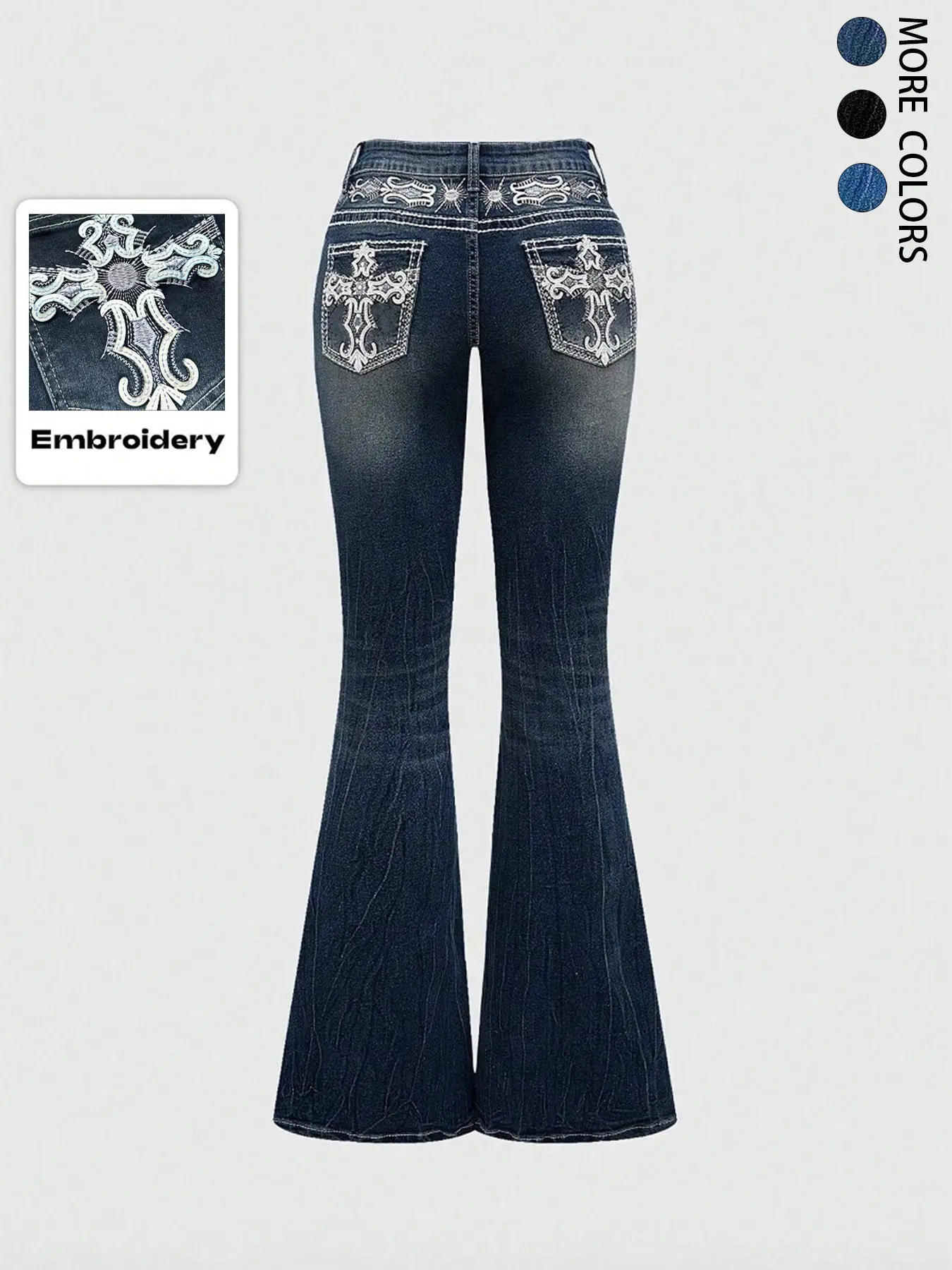 Grunge Punk Y2K Retro Embroidery Pocket Cross Embroidered Casual Flare Leg Fitted Stretch Jeans for Women