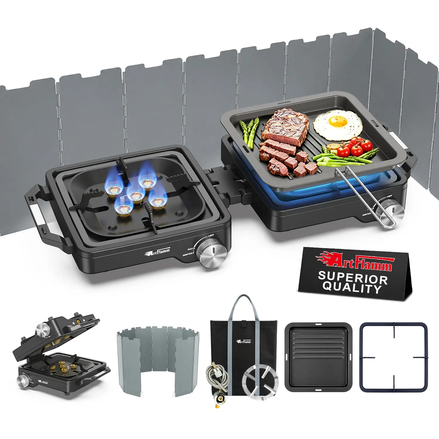 ARTFLAMM 29000 BTU 2 Burner Camping Stove with Windshield, Propane Camp Stove, Portable Folding Gas Stove, Camping Essentials Gear Includes Frying Pan, Coffee Stand & Carry Bag