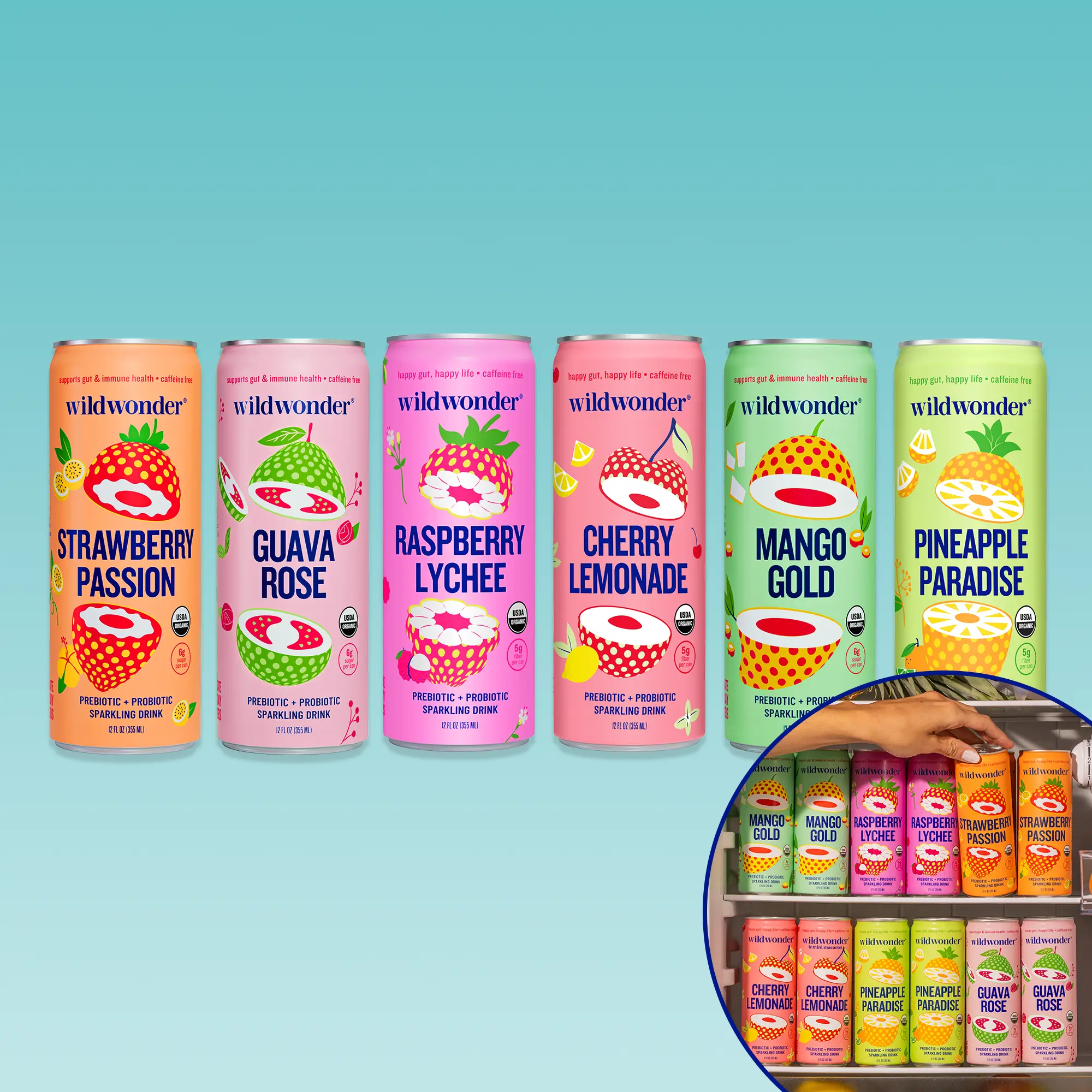wildwonder Sparkling Probiotic Drink For Gut Health & Immune Support, Shark Tank Bundle, 5g Prebiotic Fiber, Live Probiotics, Organic, Vegan, Low Sugar, 12oz Can, Seen on Shark Tank