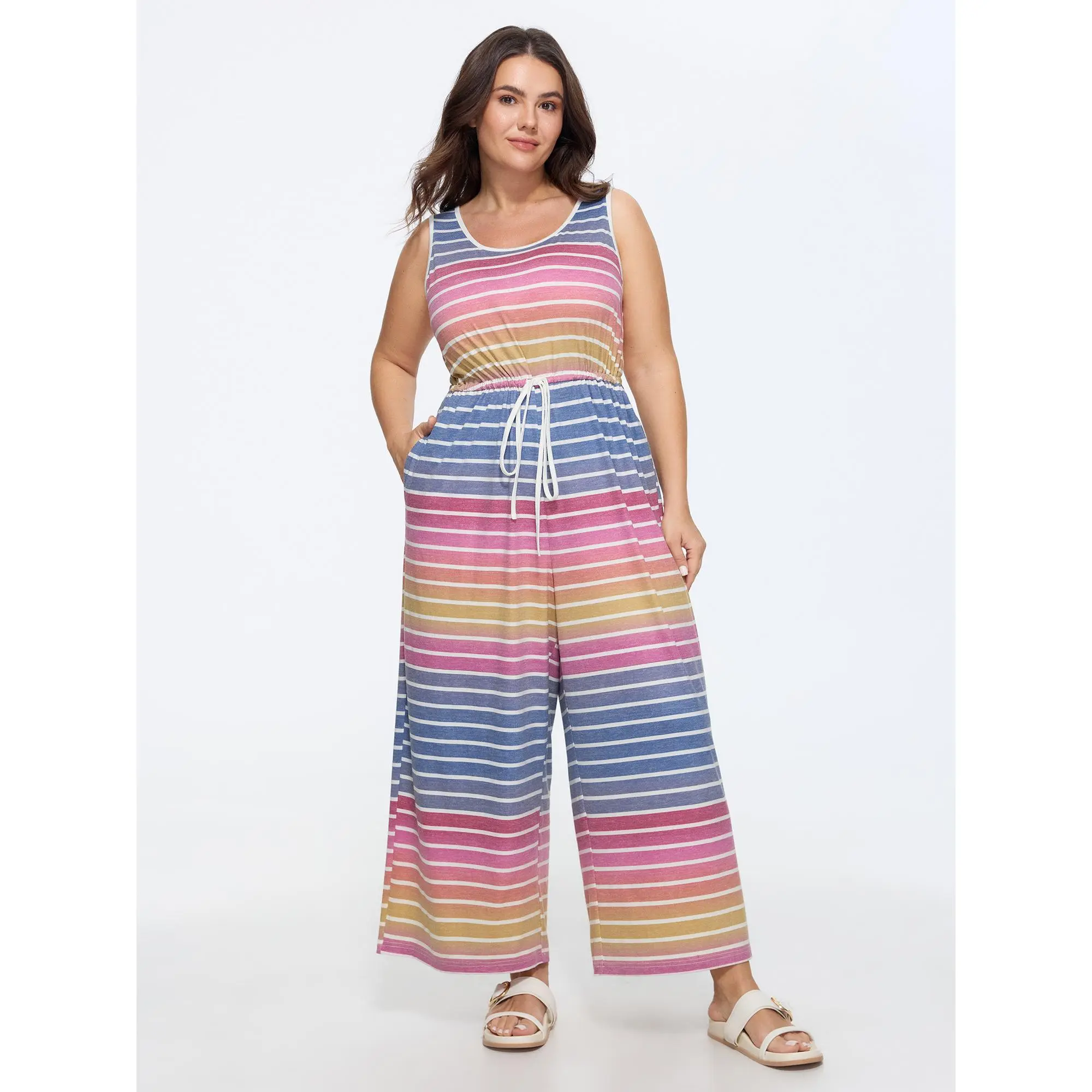 BloomChic Women's Plus Size Spandex Overalls - Stretchy Gradient Stripe Print Sleeveless Wide Leg Jumpsuit with Pocket, Flattering Fit, Size M-6X, 2026 Summer Garment