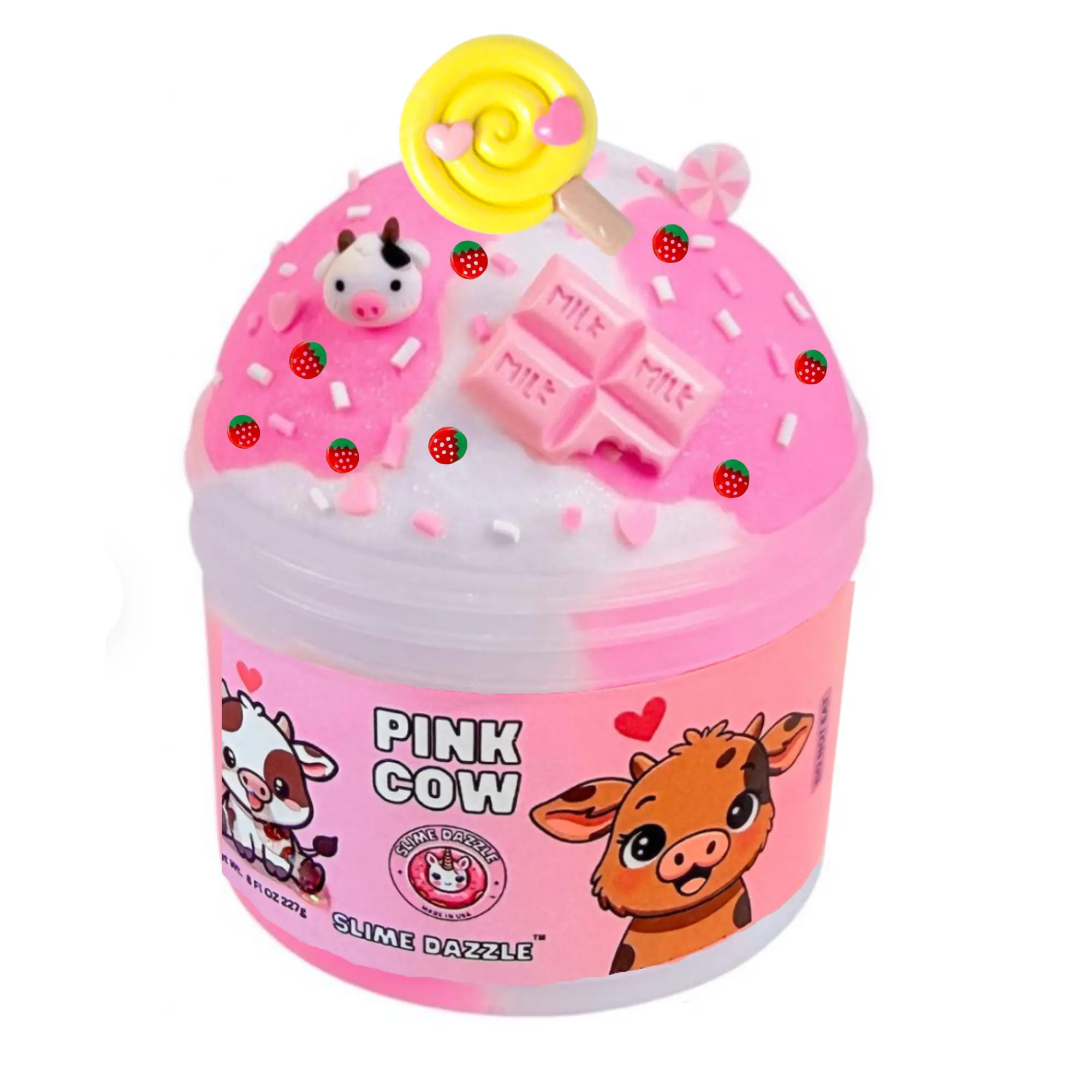 Pink Cow Cloud Slime 8 Fl Oz – White and Pink Fluffy Cloud Slime with Cow & Heart Charms – Pink Sugar Scented Beginner Friendly Slime