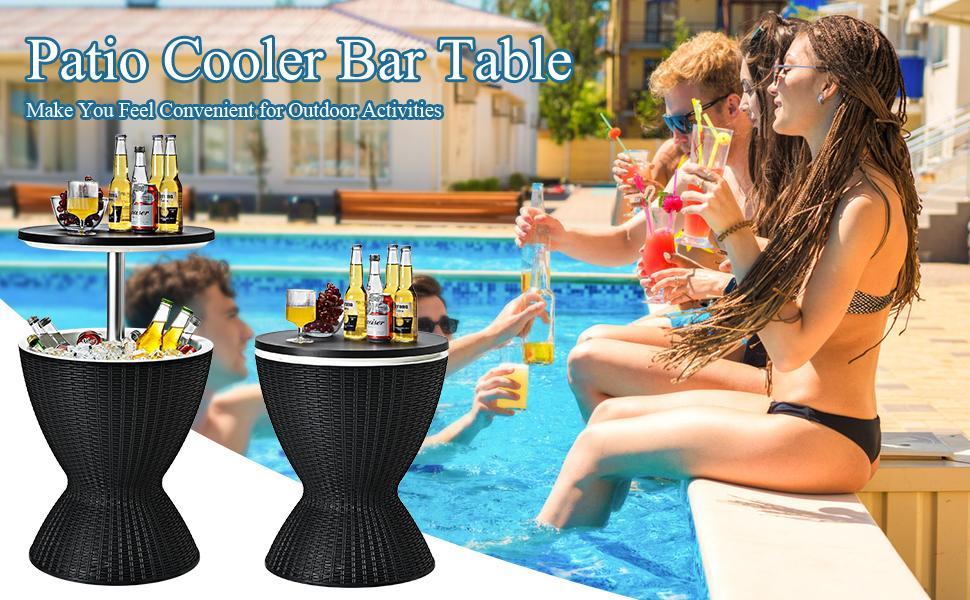 [Costway] Cool Bar Table, 4/8/10 Gallon Beer and Wine Cooler, Rattan Style Patio Bar Tables, Height Adjustable, 3-in-1 Ice Cooler with Drainage Plug, Outdoor Cocktail Table for Deck Pool Party-Deals for You Days