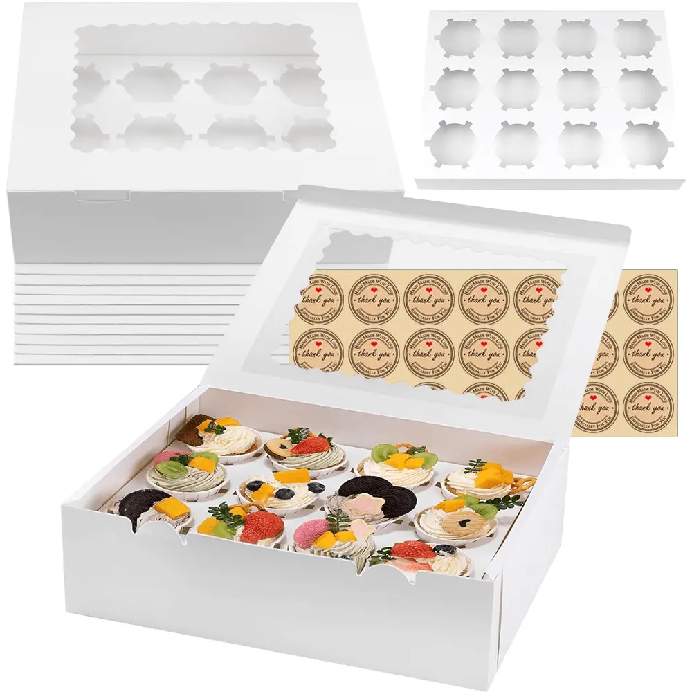 12 Packs 12.8"x 9.84"x 3.54" Cupcake Boxes with Window and 12Pcs White Cupcake Holder and 1Pc Stickers for Birthday Holiday Party Bakery Supplies Bakeware Desserts