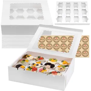 12 Packs 12.8"x 9.84"x 3.54" Cupcake Boxes with Window and 12Pcs White Cupcake Holder and 1Pc Stickers for Birthday Holiday Party Bakery Supplies Bakeware Desserts